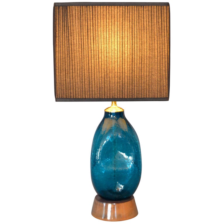 Mid-Century Modern Blue Hand Blown Art Glass Table Lamp  For Sale