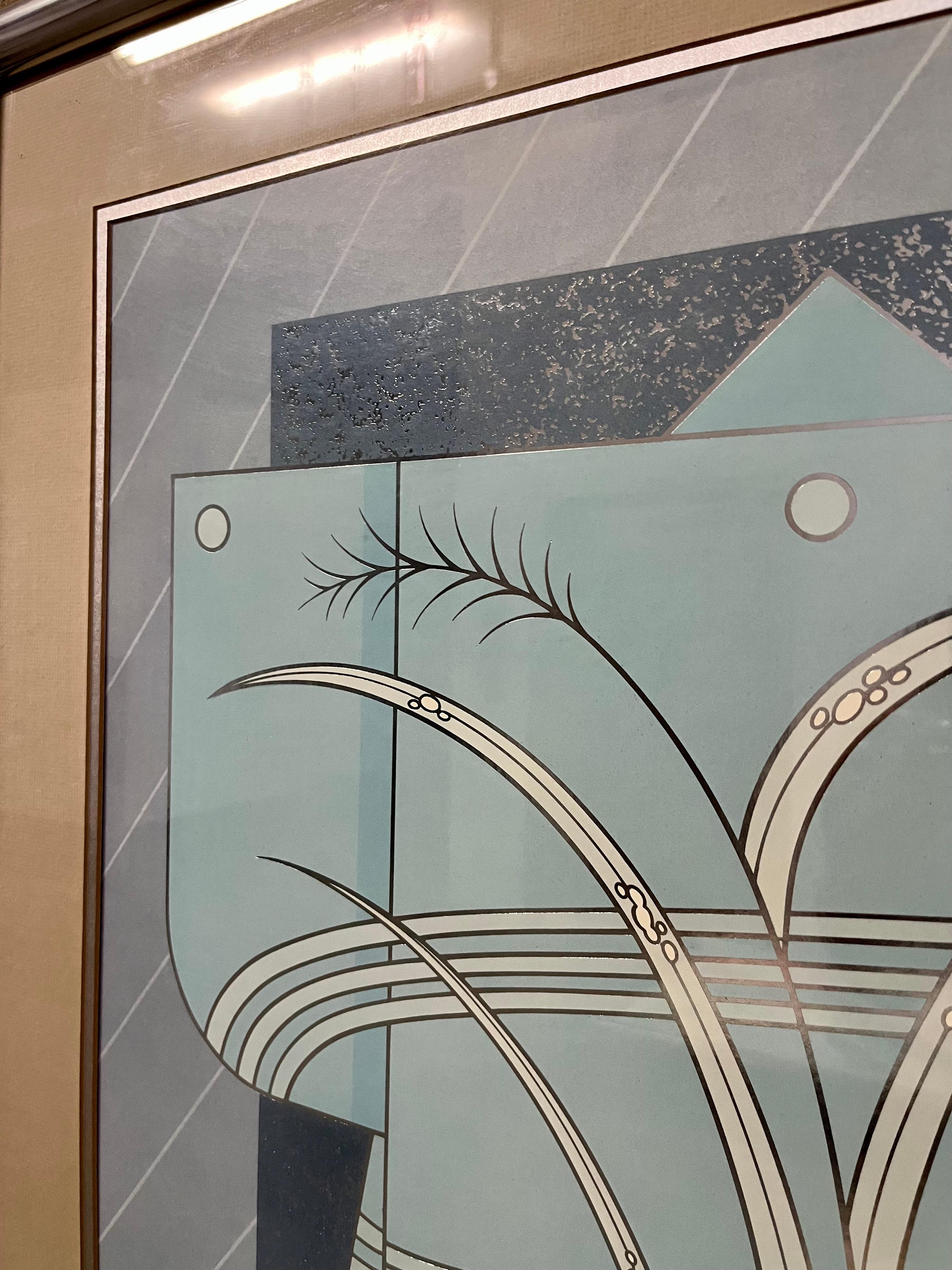  Mid Century Modern Blue Kimono Custom Framed Lithograph. Circa 1970s For Sale 5