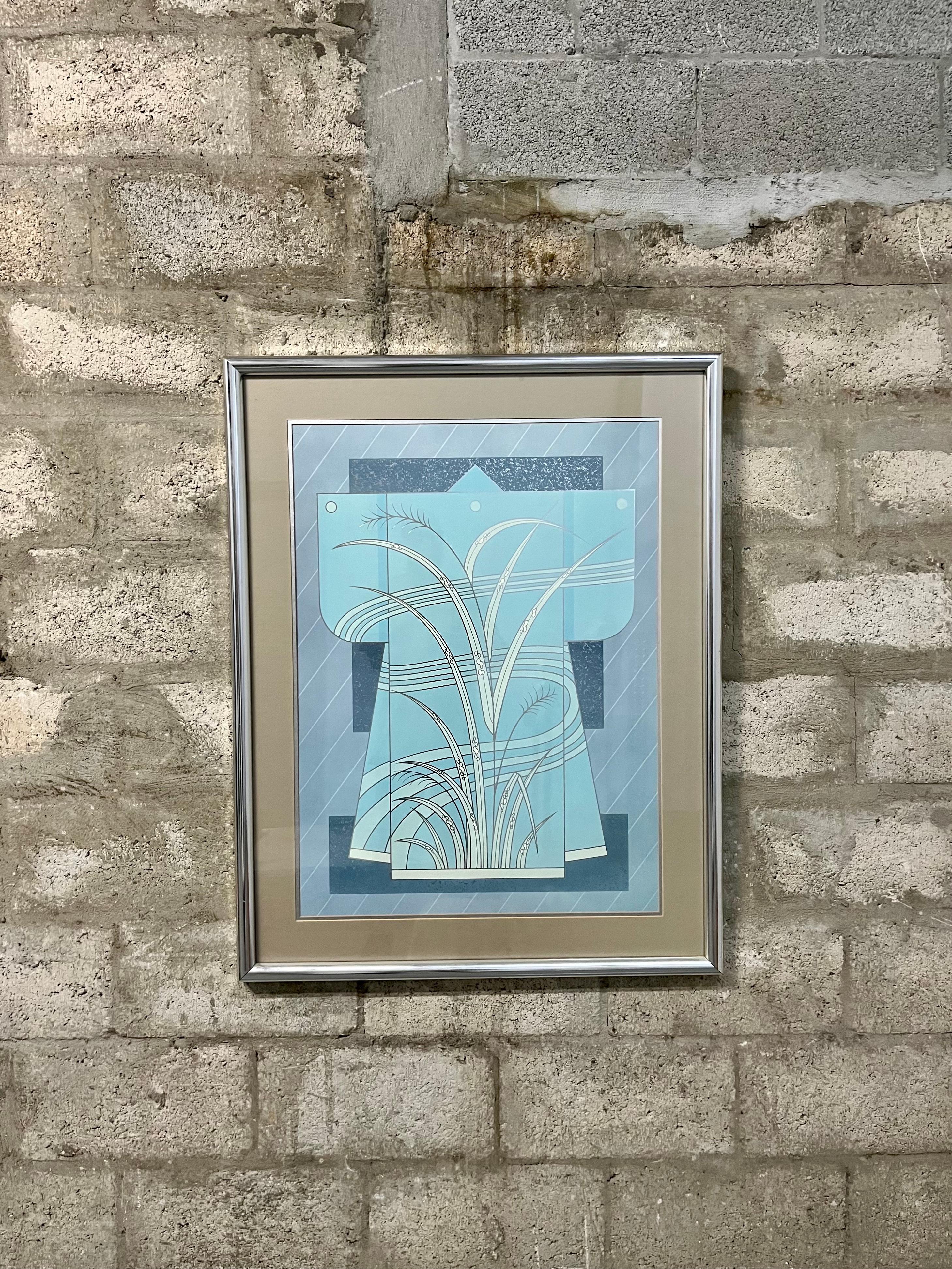  Mid Century Modern Blue Kimono Custom Framed Lithograph. Circa 1970s For Sale 8