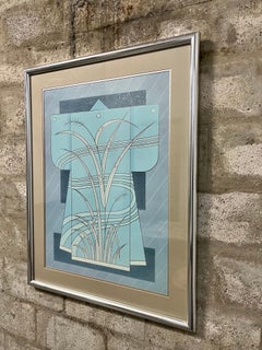 Mid Century Modern Blue Kimono Custom Framed Lithograph. Circa 1970s