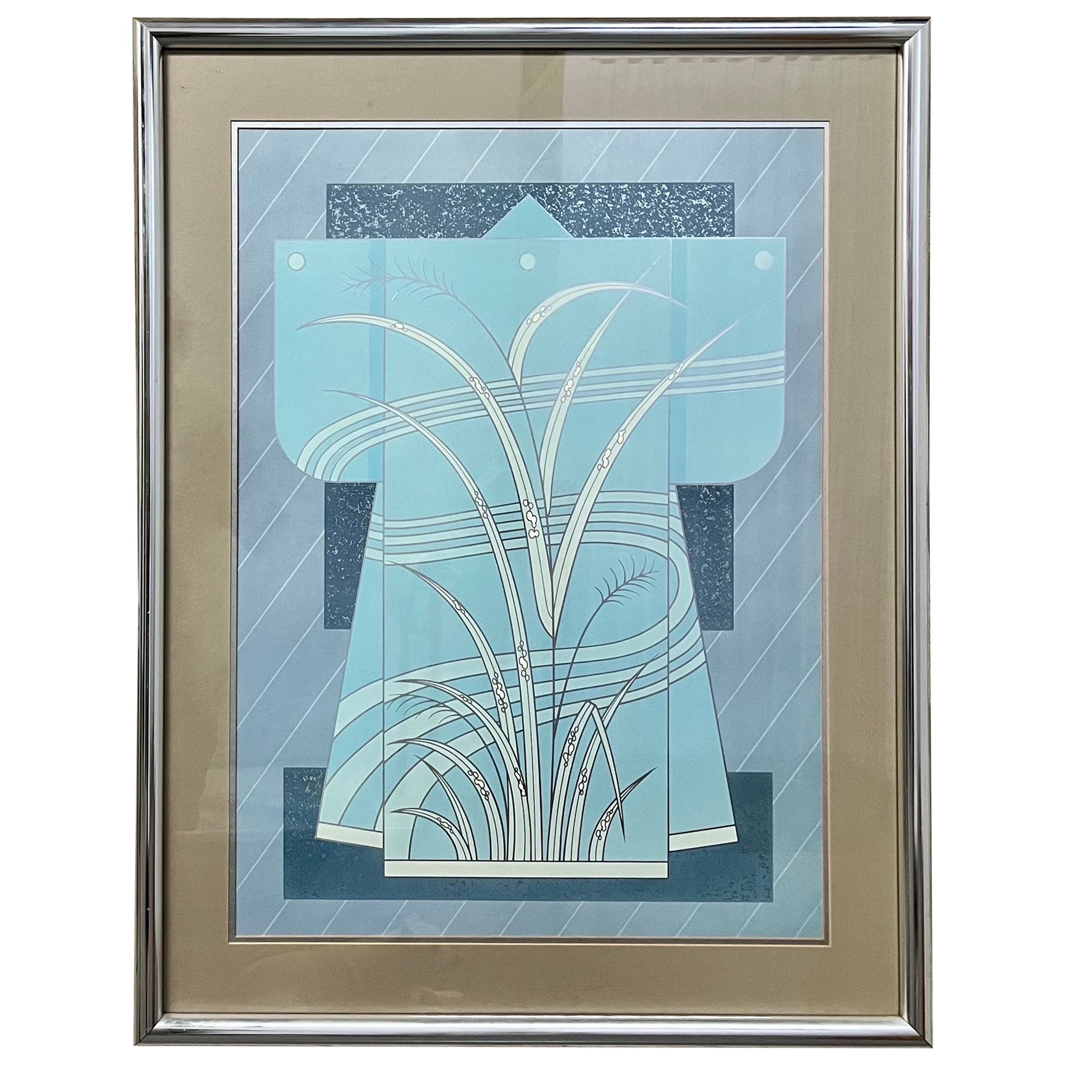 Mid Century Modern Blue Kimono Custom Framed Lithograph. Circa 1970s
