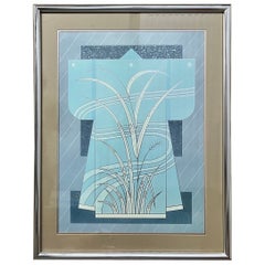 Mid Century Modern Blue Kimono Individuell gerahmte Lithographie. Circa 1970er Jahre