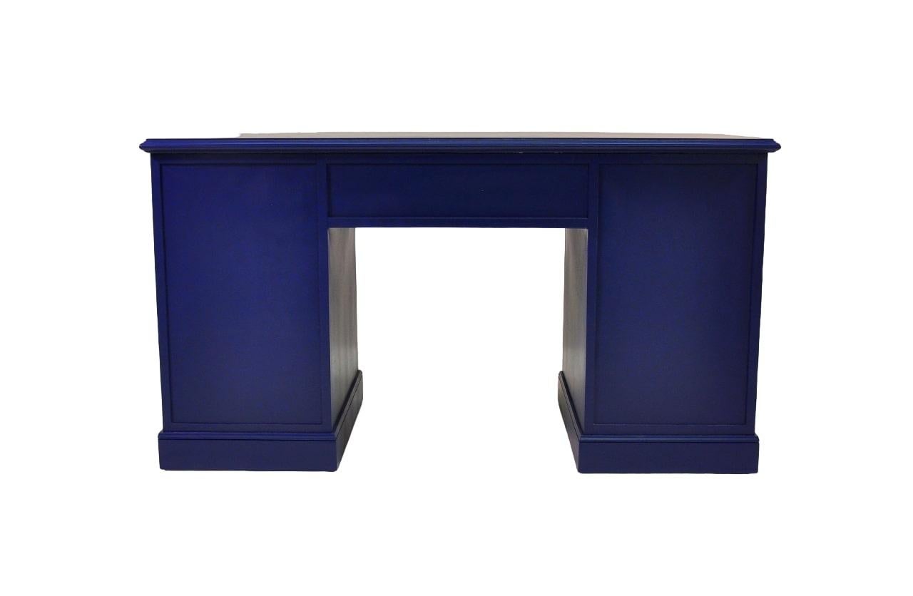 Wood Blue Lacquer and Brass Diamond Front Desk