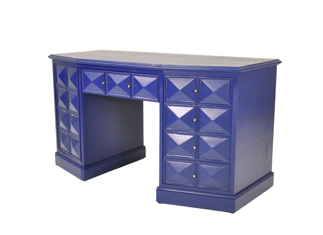 American Blue Lacquer and Brass Diamond Front Desk