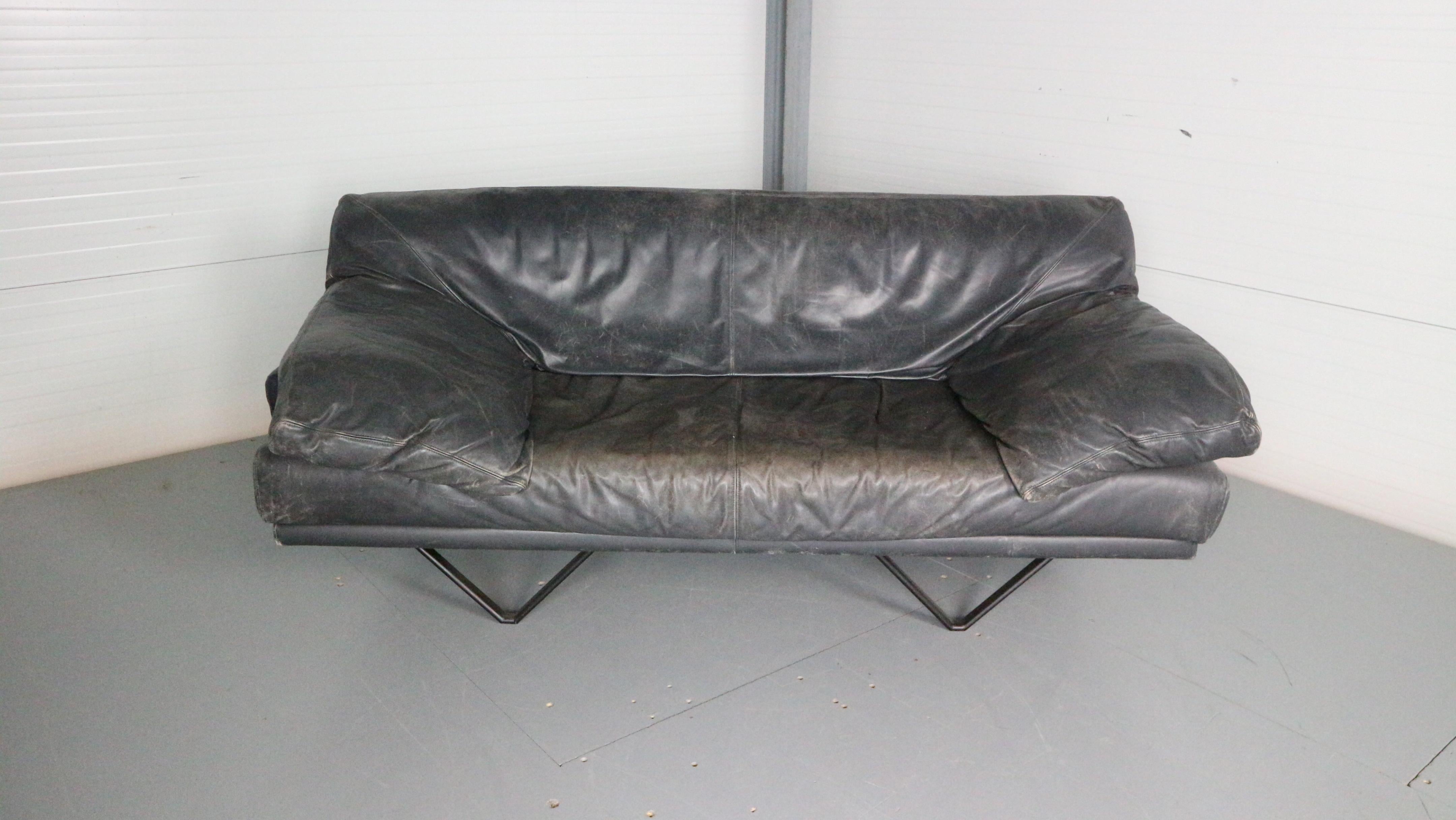 Mid-Century Modern Mid- Century Modern Blue Leather 2- Seater Sofa 