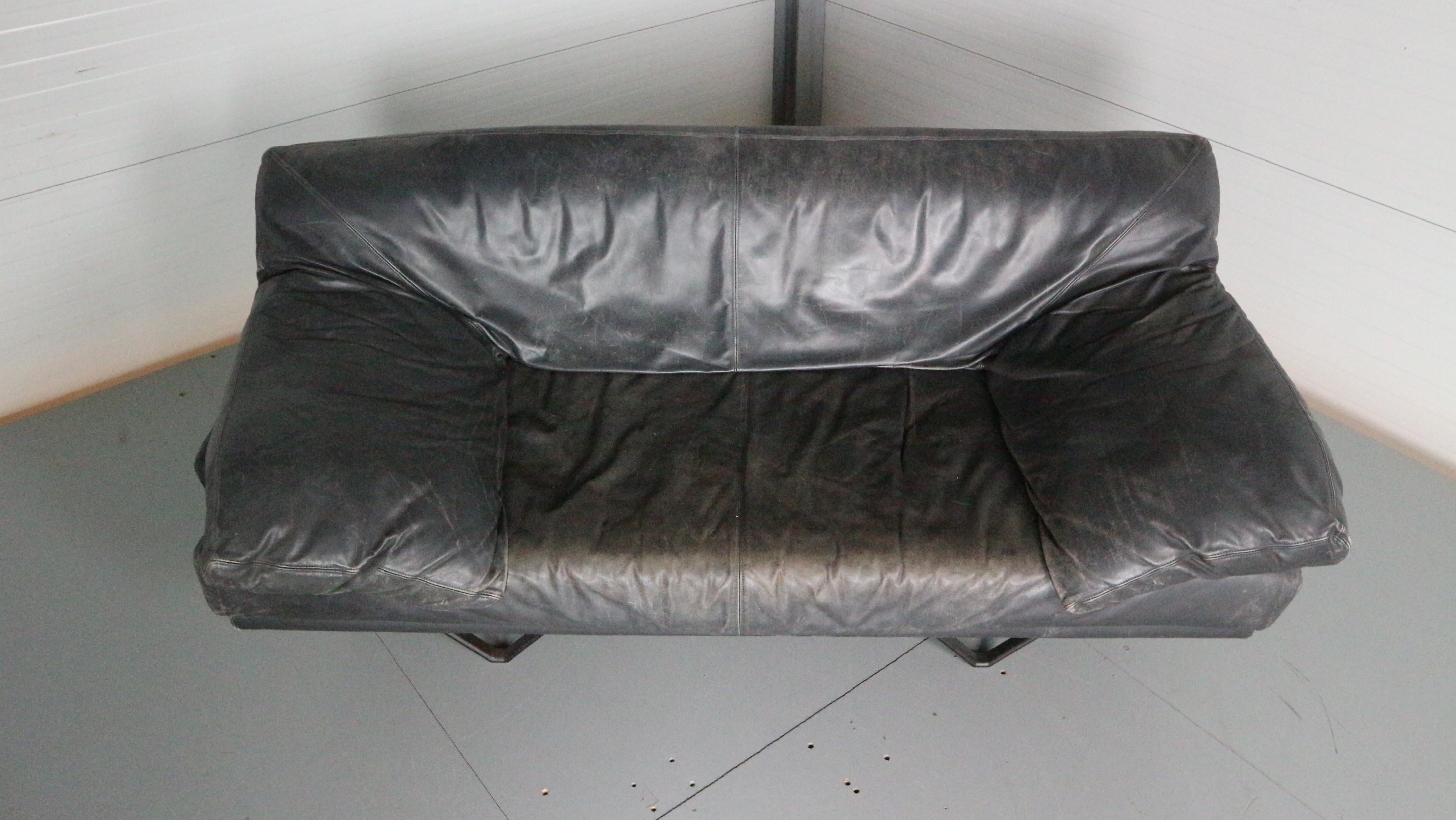 Belgian Mid- Century Modern Blue Leather 2- Seater Sofa 