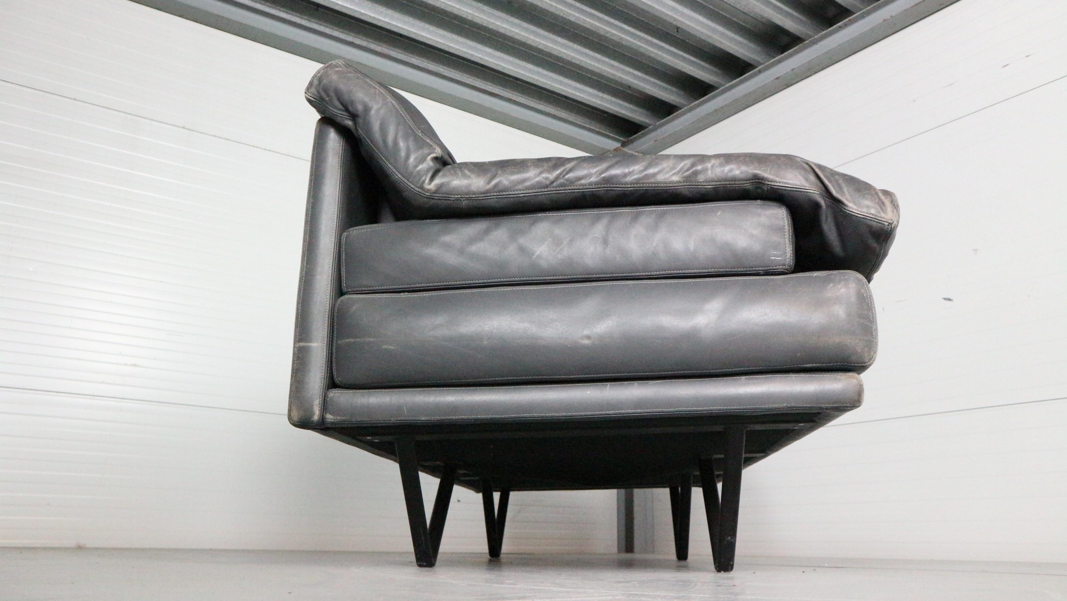Mid- Century Modern Blue Leather 2- Seater Sofa 