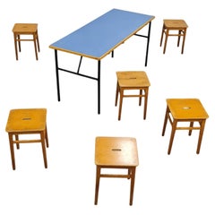 Mid-Century Modern Blue Linolium & Black Metal Table & Six Wooden Nesting Stools