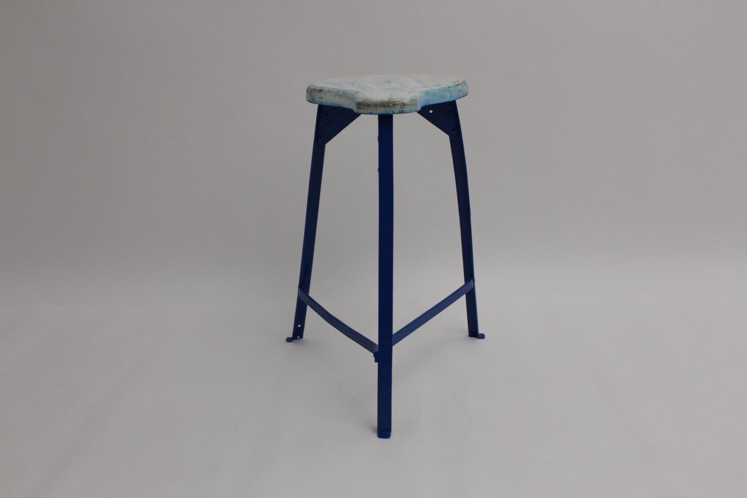 Lacquered Mid-Century Modern Blue Metal Vintage Industry Stool, 1950s For Sale