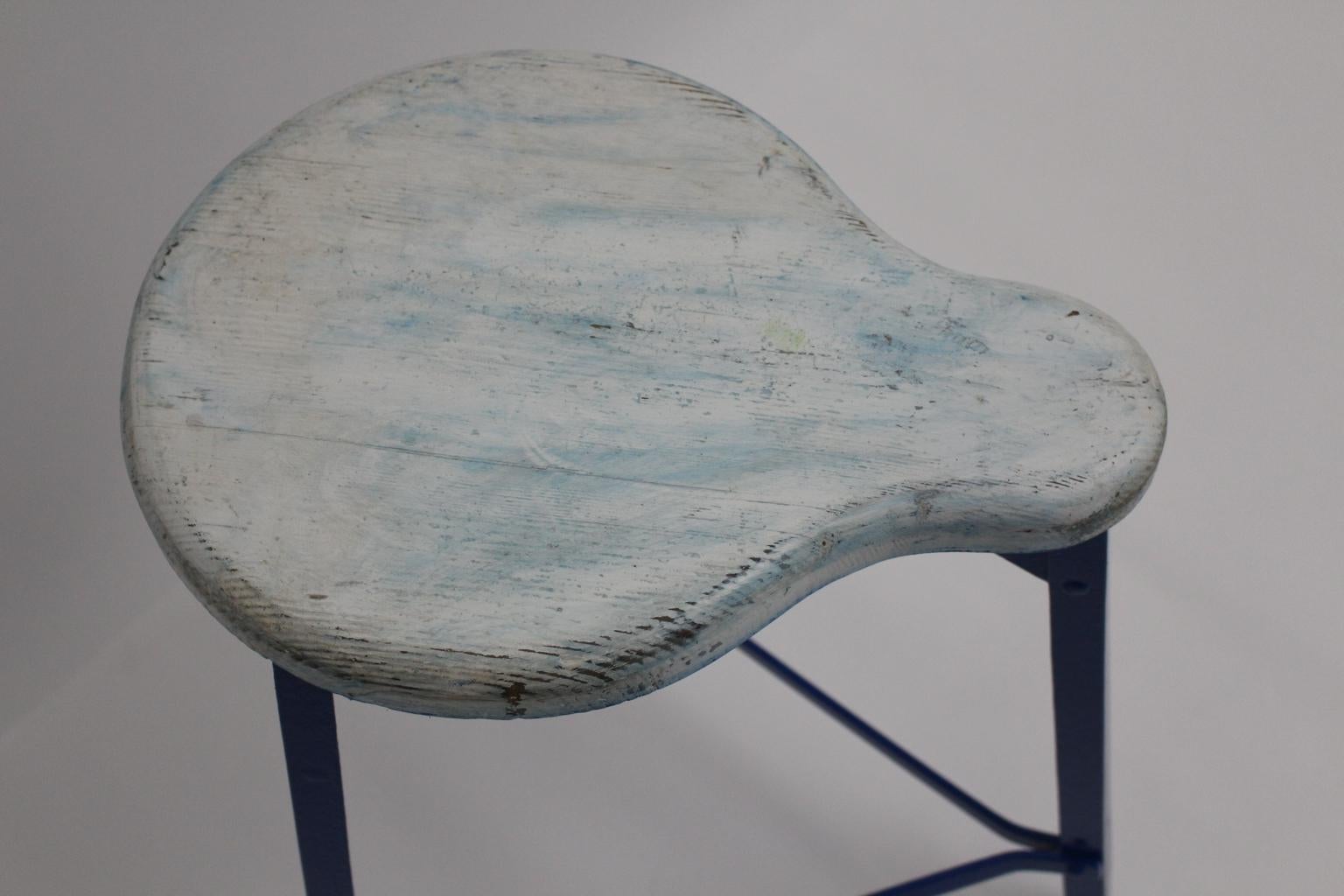 Mid-Century Modern Blue Metal Vintage Industry Stool, 1950s For Sale 1