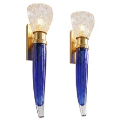 Mid Century Modern Blue Murano Glass Italian Sconces - a pair