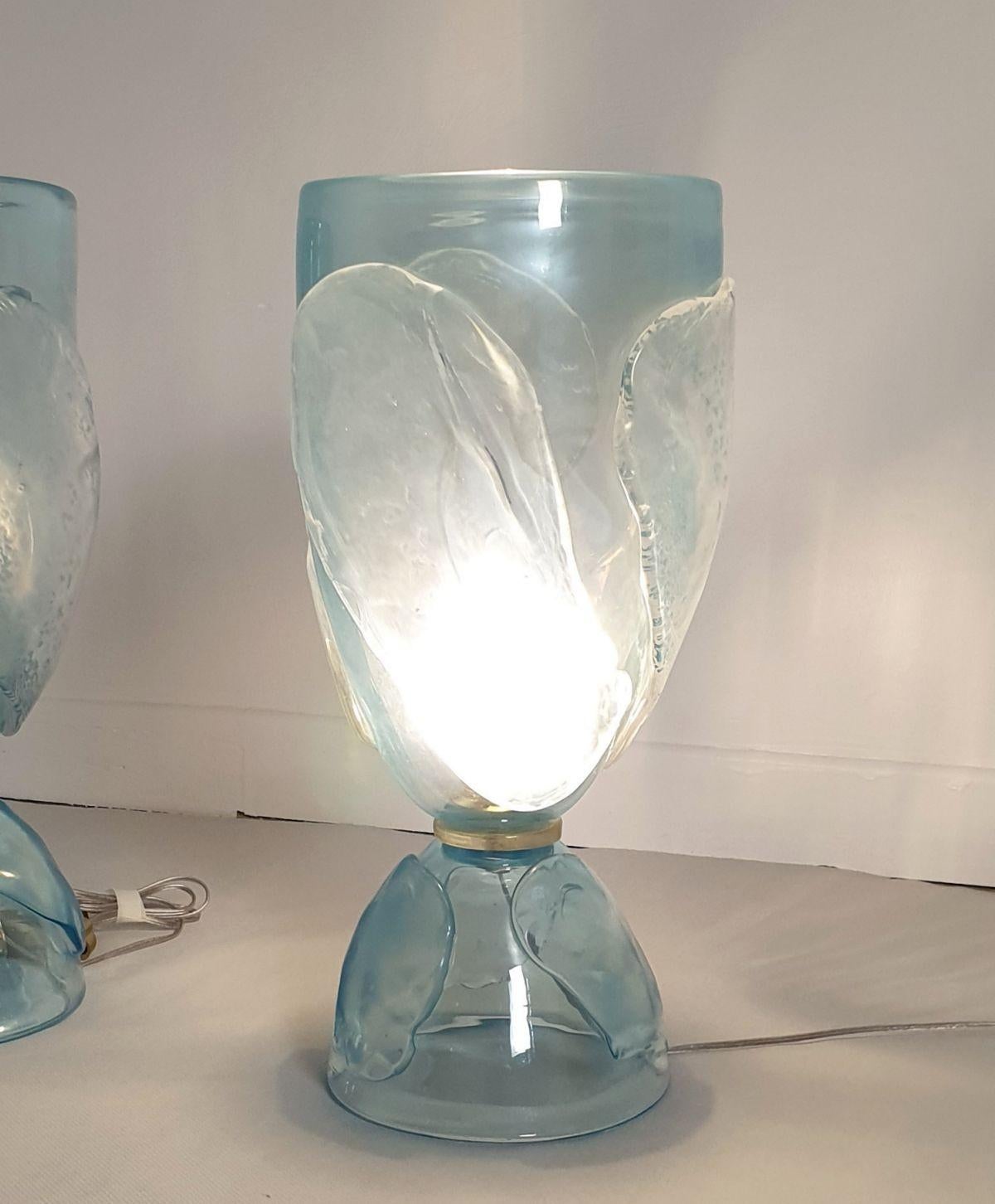 Late 20th Century Mid Century Blue Murano Glass Lamps - a Pair For Sale