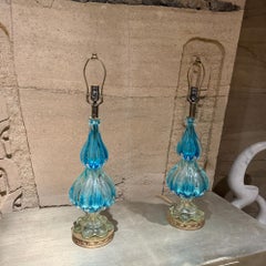 Mid-Century Modern Blue Murano Glass Table Lamps Designed by Seguso