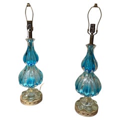 Mid-Century Modern Blue Murano Glass Table Lamps Designed by Seguso