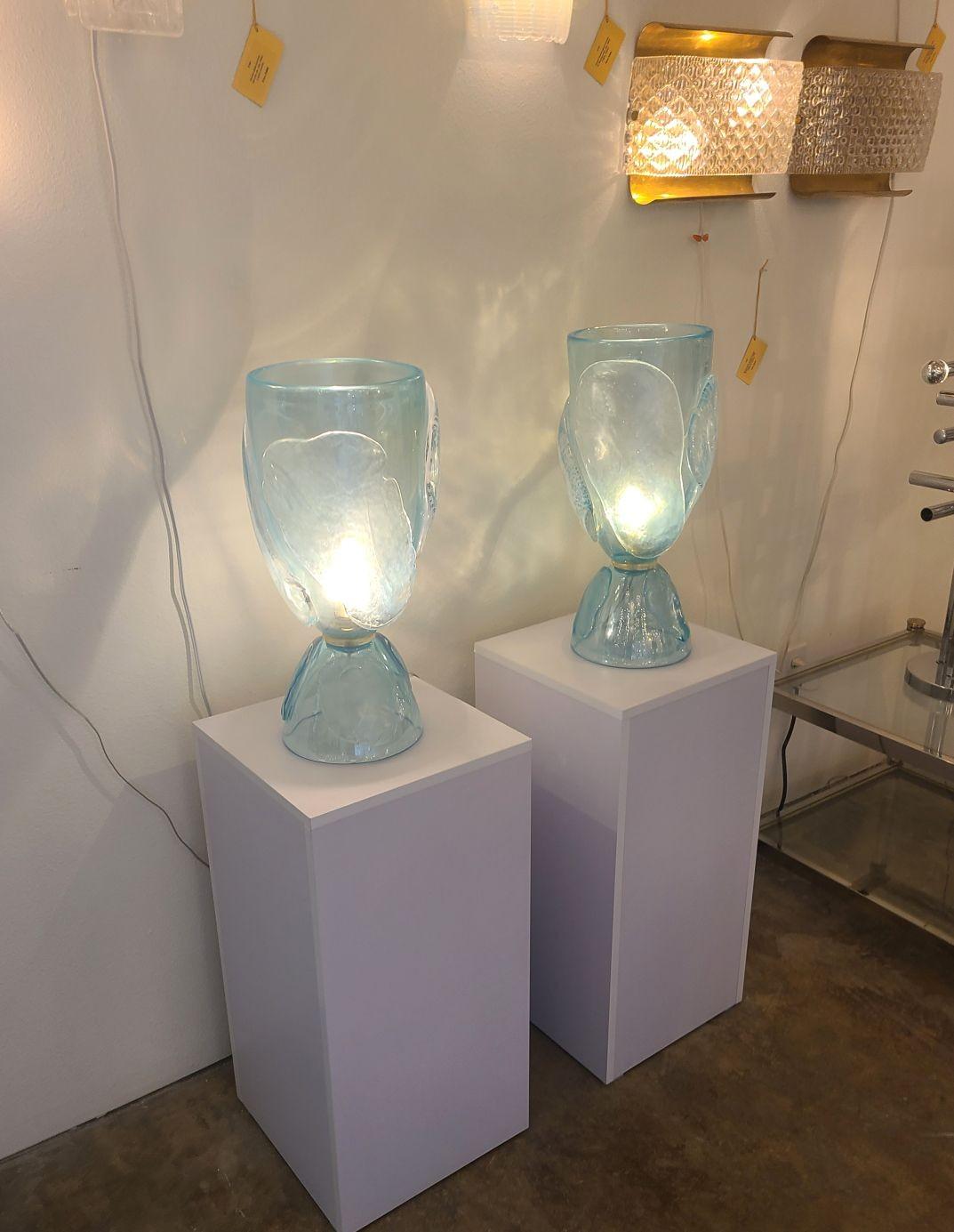 Italian Mid Century Blue Murano Glass Lamps - a Pair For Sale