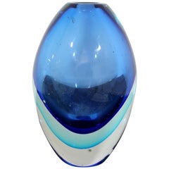 Mid-Century Modern Blue Murano Seguso Glass Sculpture Vessel Vase, 1970s, Italy