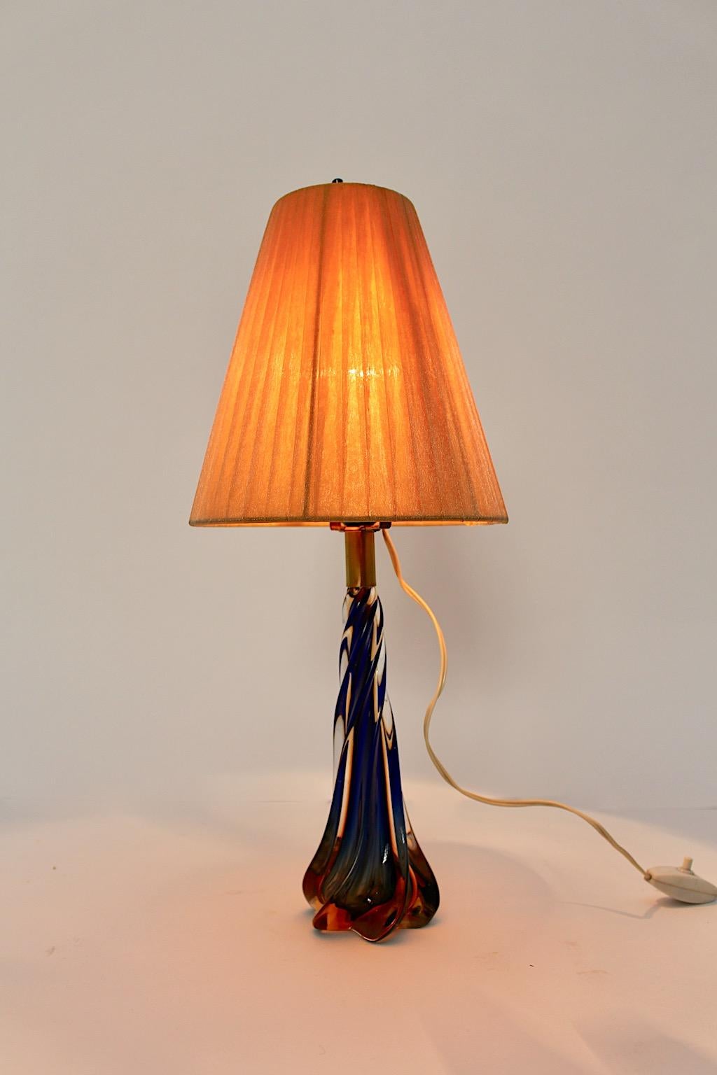 Mid Century Modern Blue Orange Vintage Glass Table Lamp 1950s In Good Condition For Sale In Vienna, AT