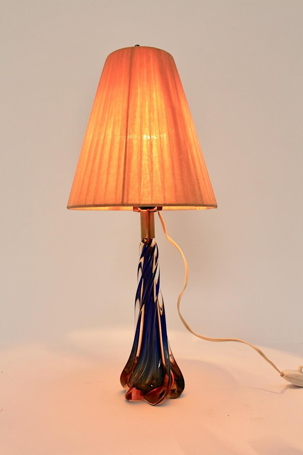 Brass Mid Century Modern Blue Orange Vintage Glass Table Lamp 1950s For Sale