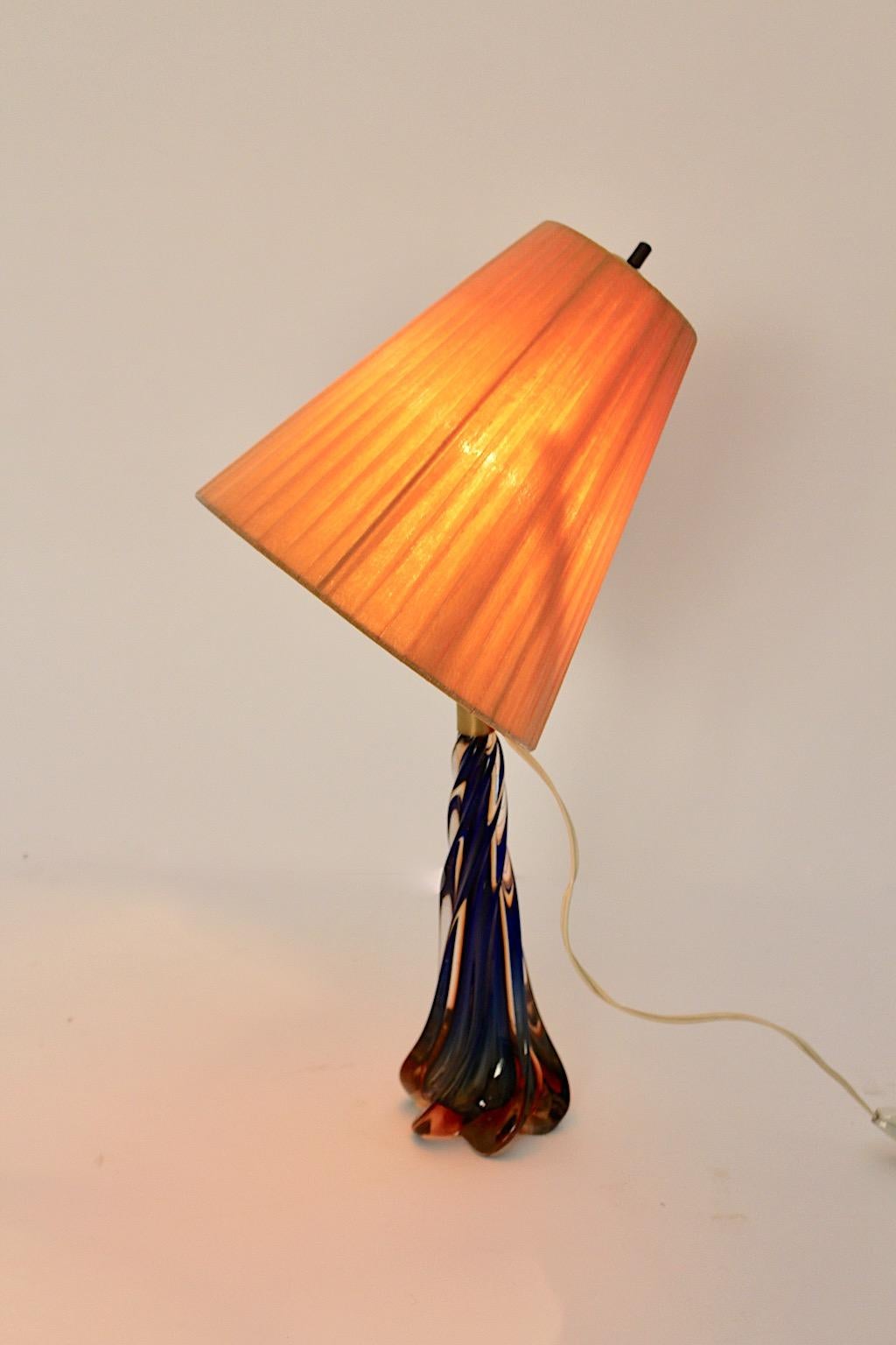 Mid Century Modern Blue Orange Vintage Glass Table Lamp 1950s For Sale 1