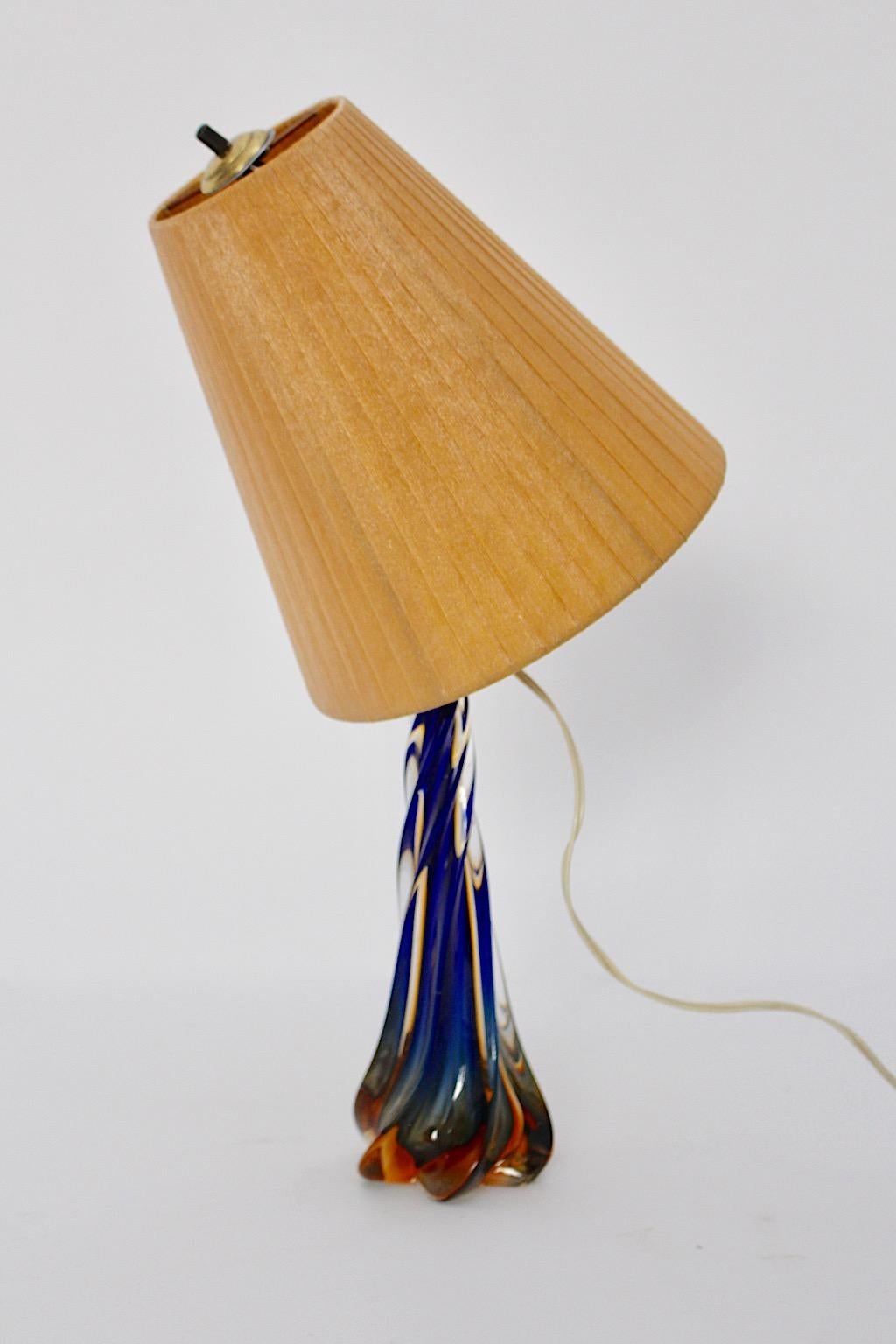 Mid Century Modern Blue Orange Vintage Glass Table Lamp 1950s For Sale 2