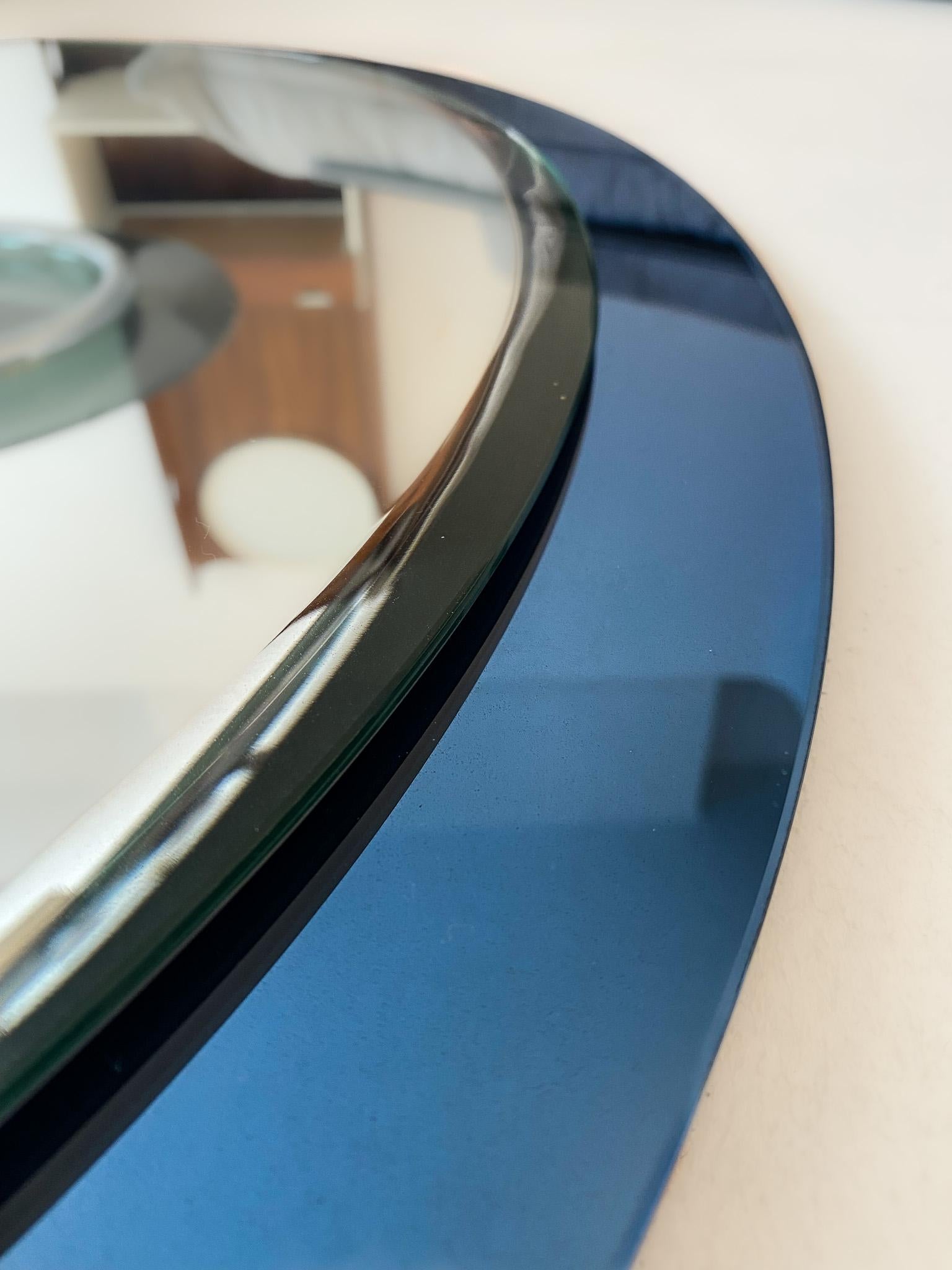 Crystal Mid-Century Modern Blue Oval Glass Wall Mirror, Italy 1970s