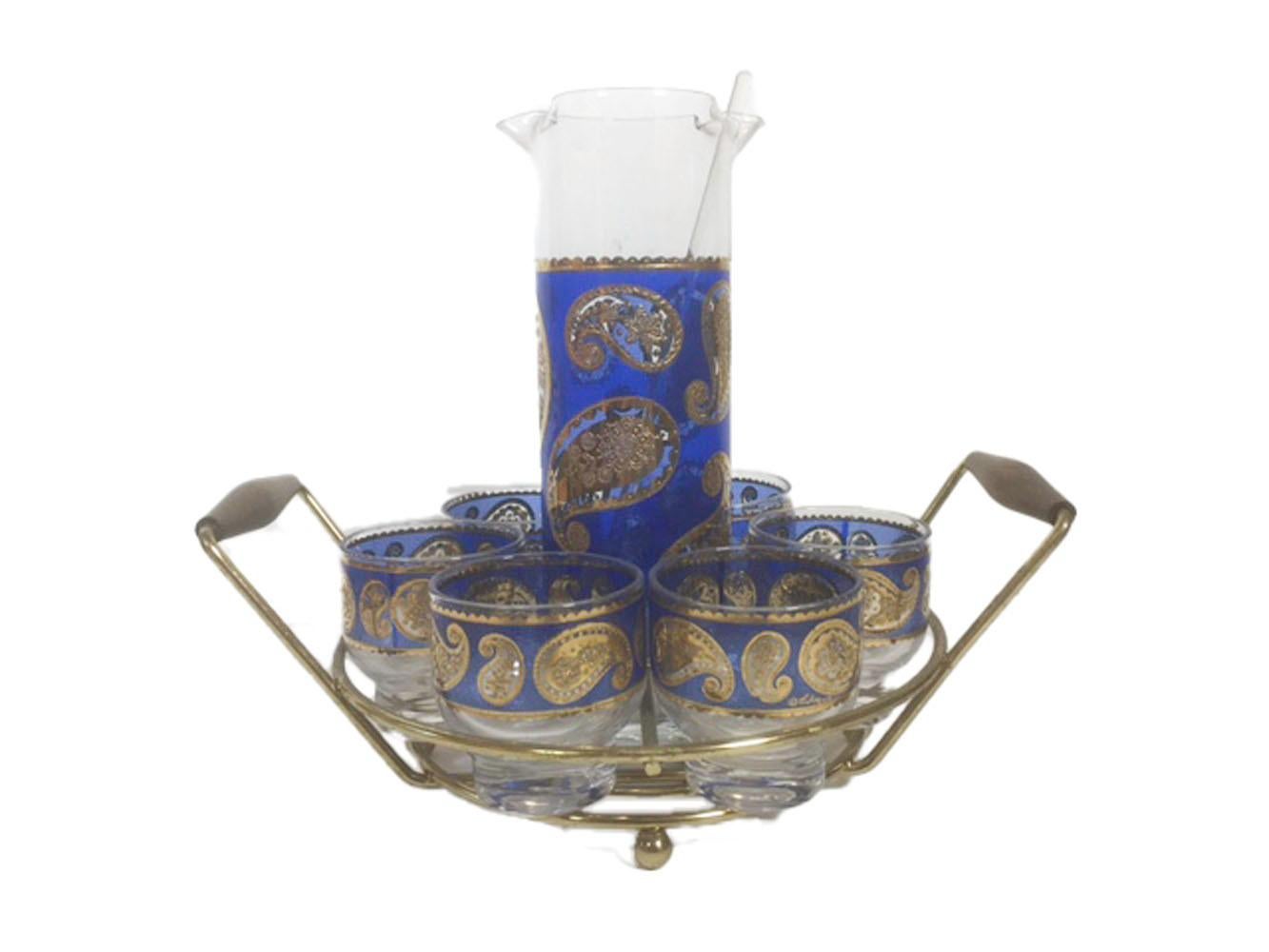 American Mid-Century Modern, Blue Paisley Cocktail Set in Circular Caddy, by Culver, LTD.