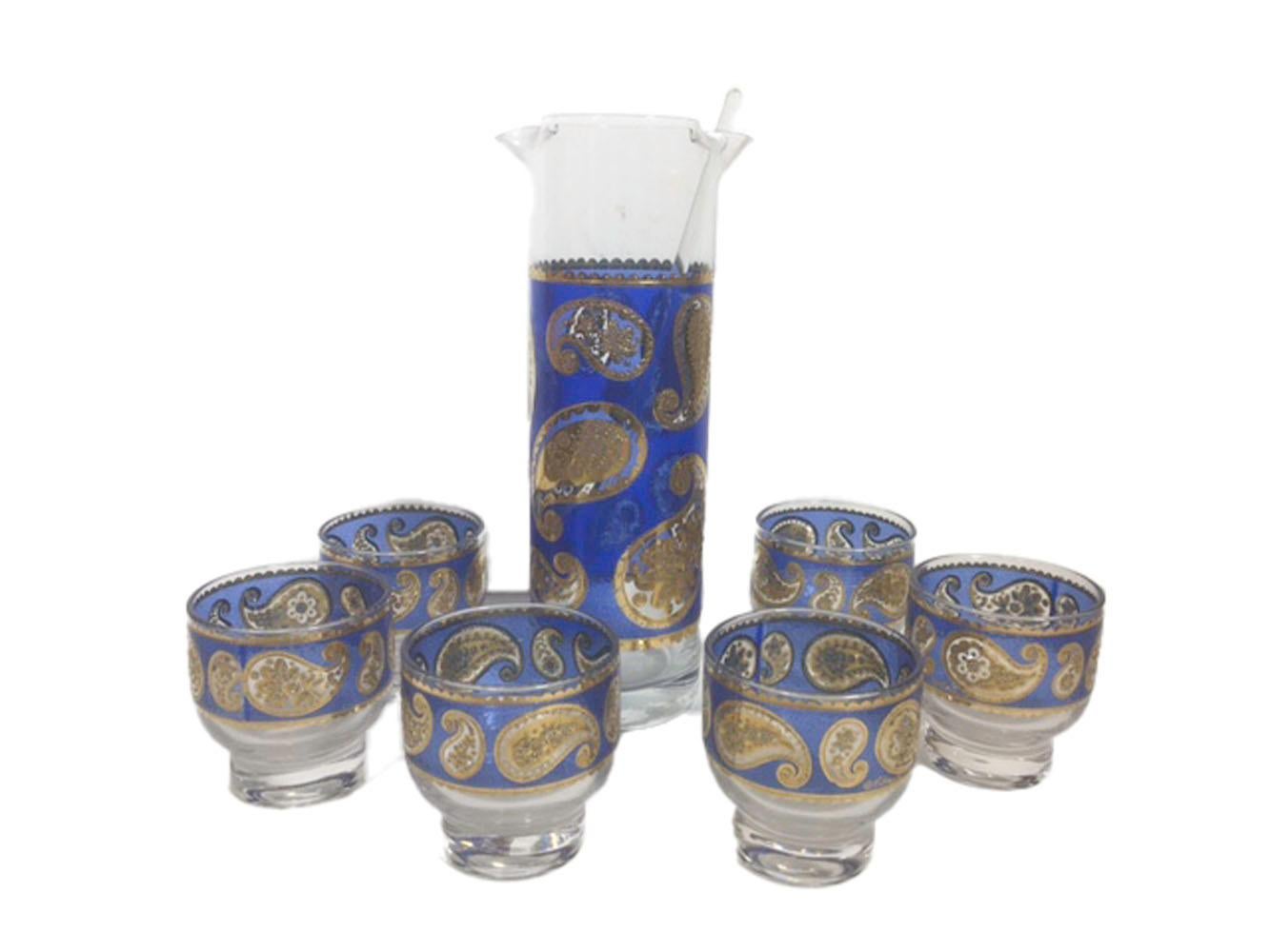 Enameled Mid-Century Modern, Blue Paisley Cocktail Set in Circular Caddy, by Culver, LTD.