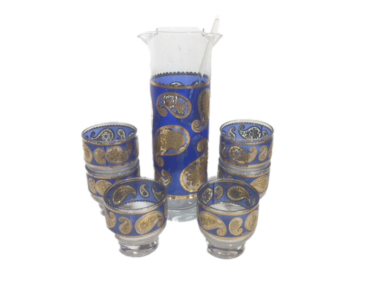 Mid-Century Modern, Blue Paisley Cocktail Set in Circular Caddy, by Culver, LTD. In Good Condition In Nantucket, MA