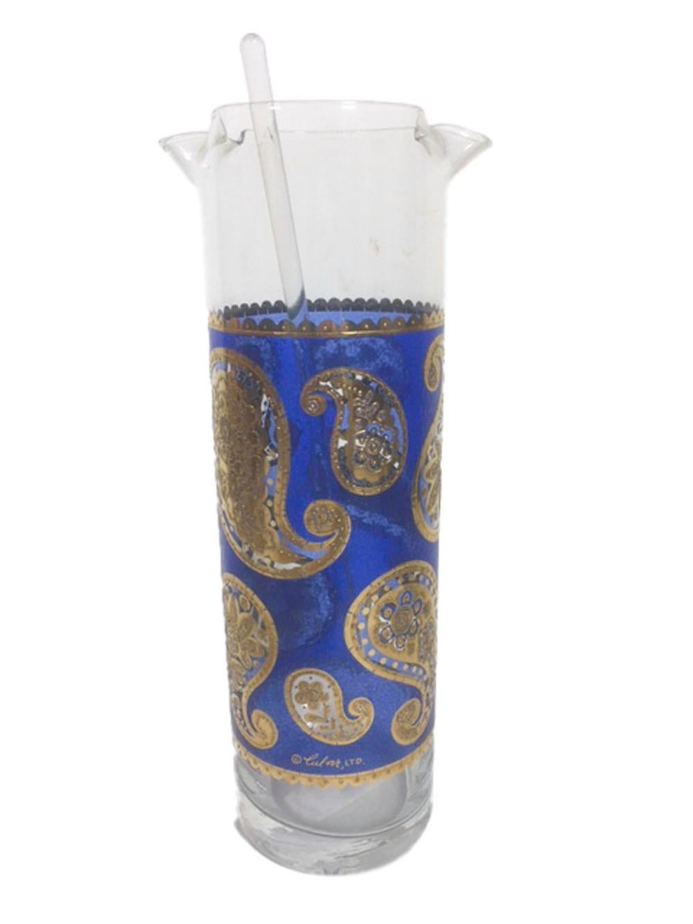 20th Century Mid-Century Modern, Blue Paisley Cocktail Set in Circular Caddy, by Culver, LTD.
