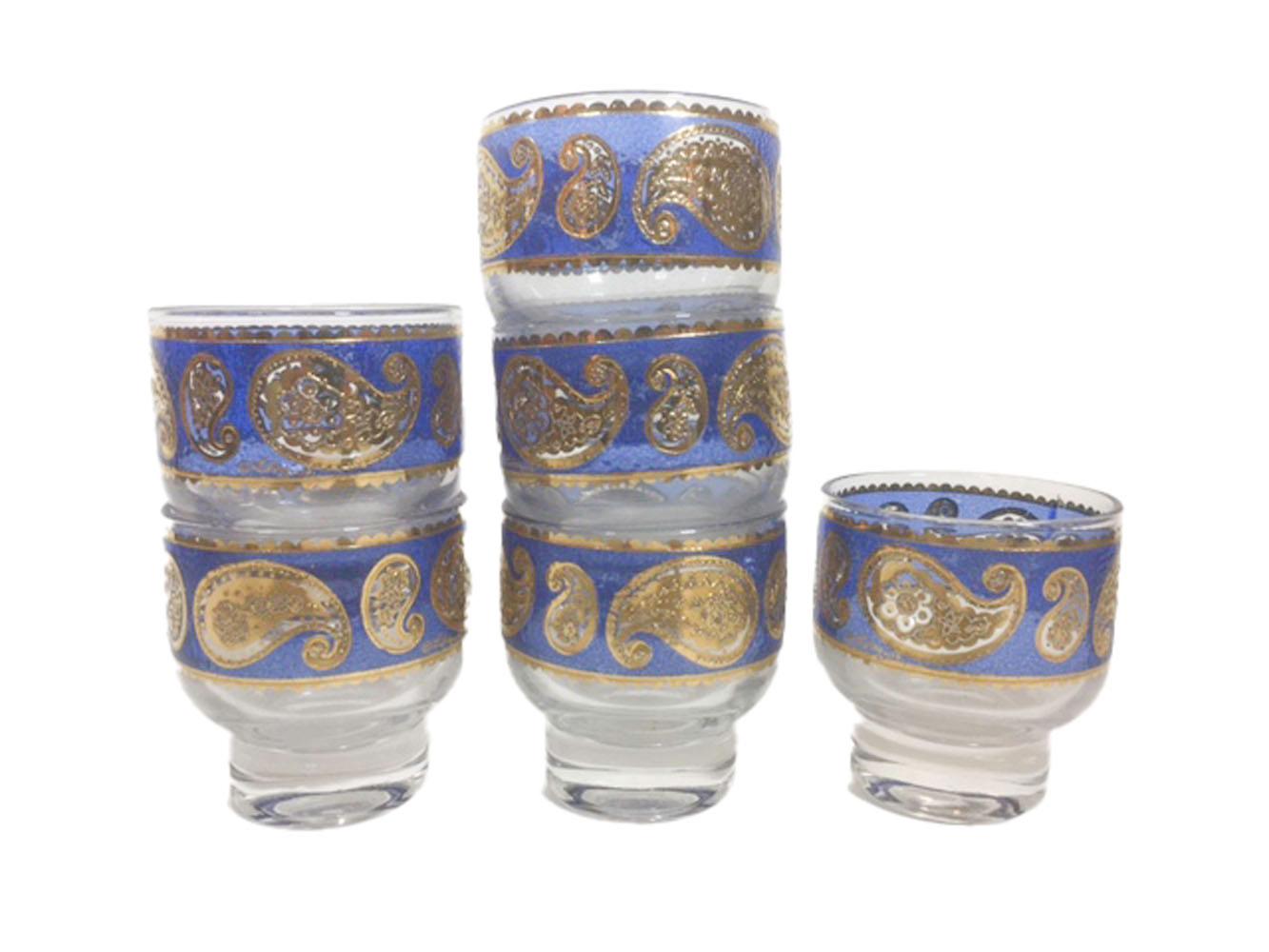Mid-Century Modern, Blue Paisley Cocktail Set in Circular Caddy, by Culver, LTD. 1