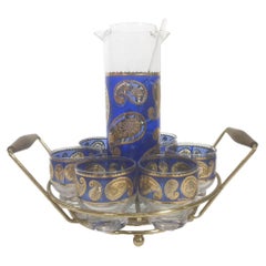 Vintage Mid-Century Modern, Blue Paisley Cocktail Set in Circular Caddy, by Culver, LTD.