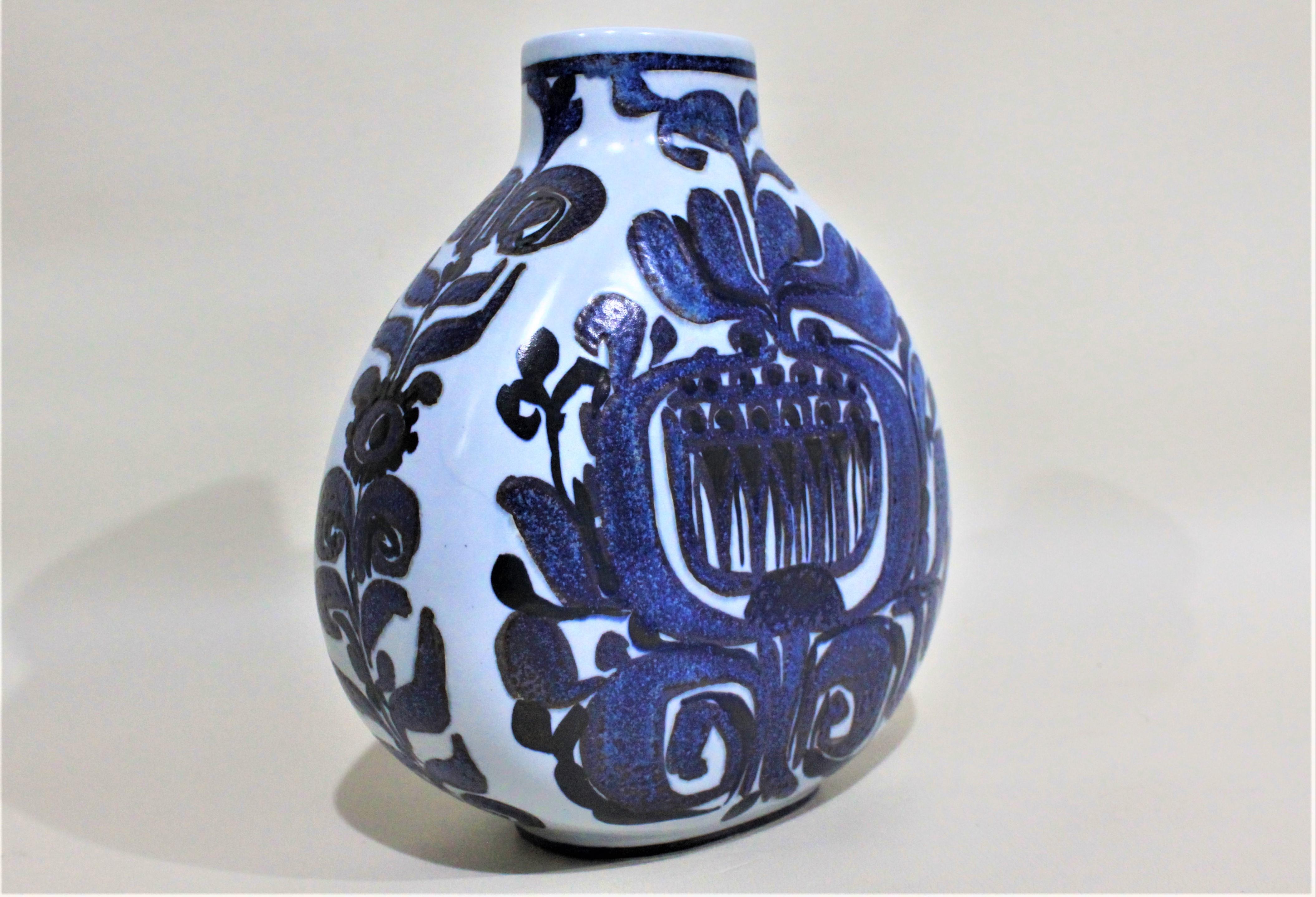 Danish Mid-Century Modern Blue Royal Copenhagen Art Pottery Vase For Sale