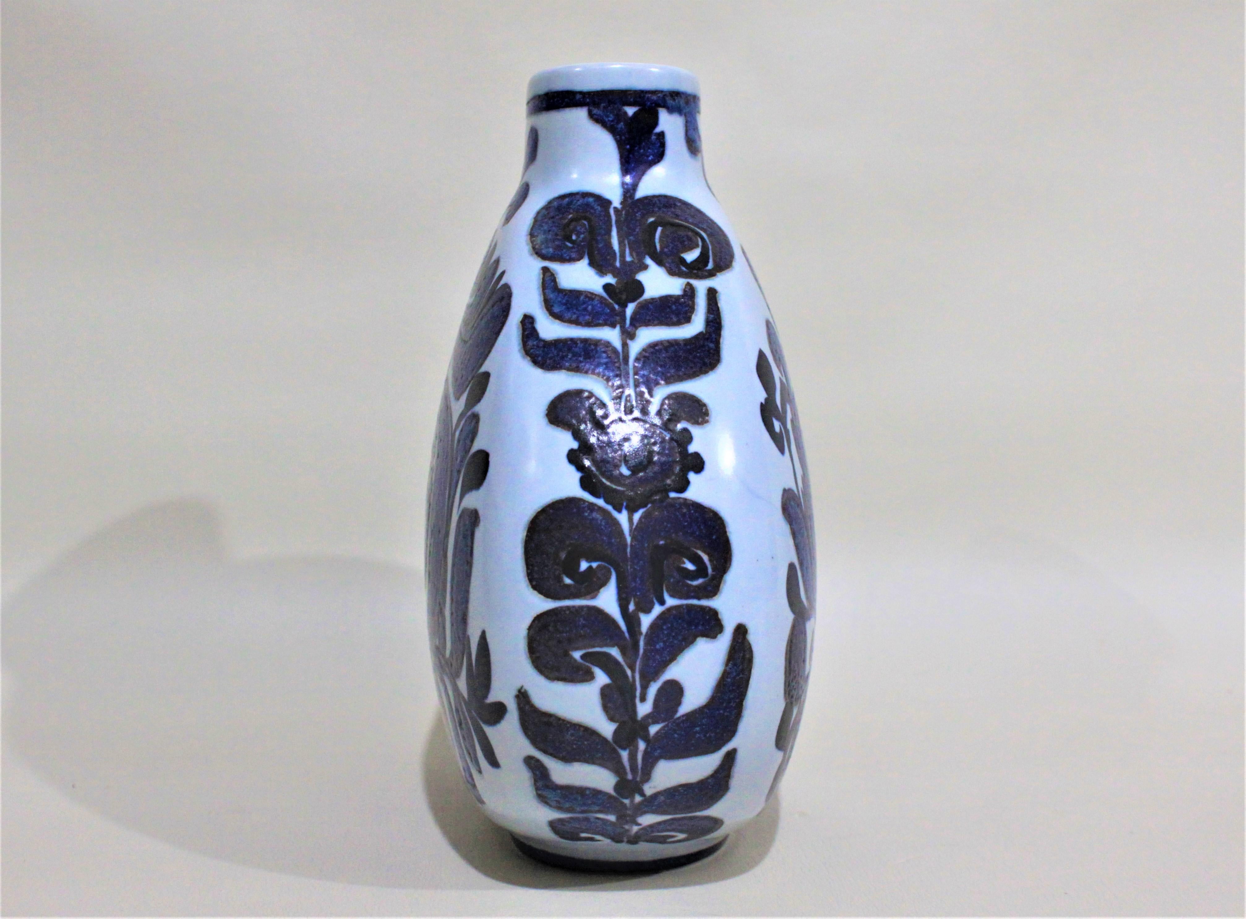 Hand-Painted Mid-Century Modern Blue Royal Copenhagen Art Pottery Vase For Sale