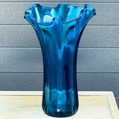 Mid-Century Modern Blue Ruffled Rim 14" Tall Blown Glass Vase