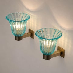 Applique in ottone con vetro di Murano della linea Mid-Century Modern Blue Sconces by Barover & Toso