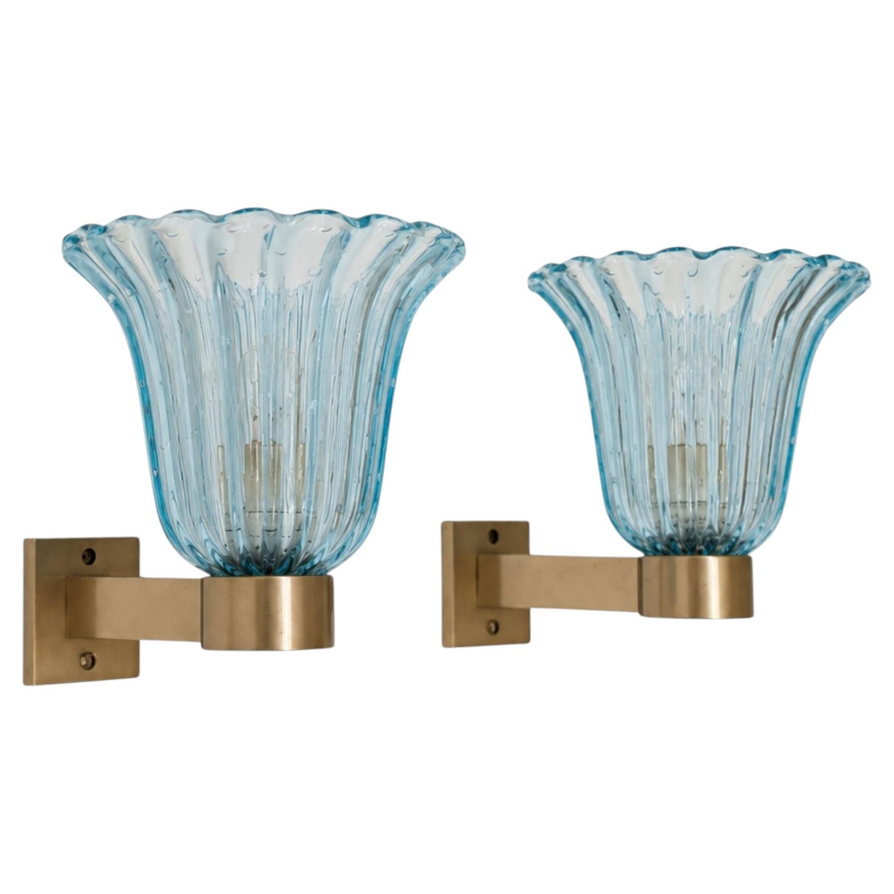 Mid-Century Modern Blue Murano Glass Sconces Brass Wall Lights Barovier & Toso For Sale