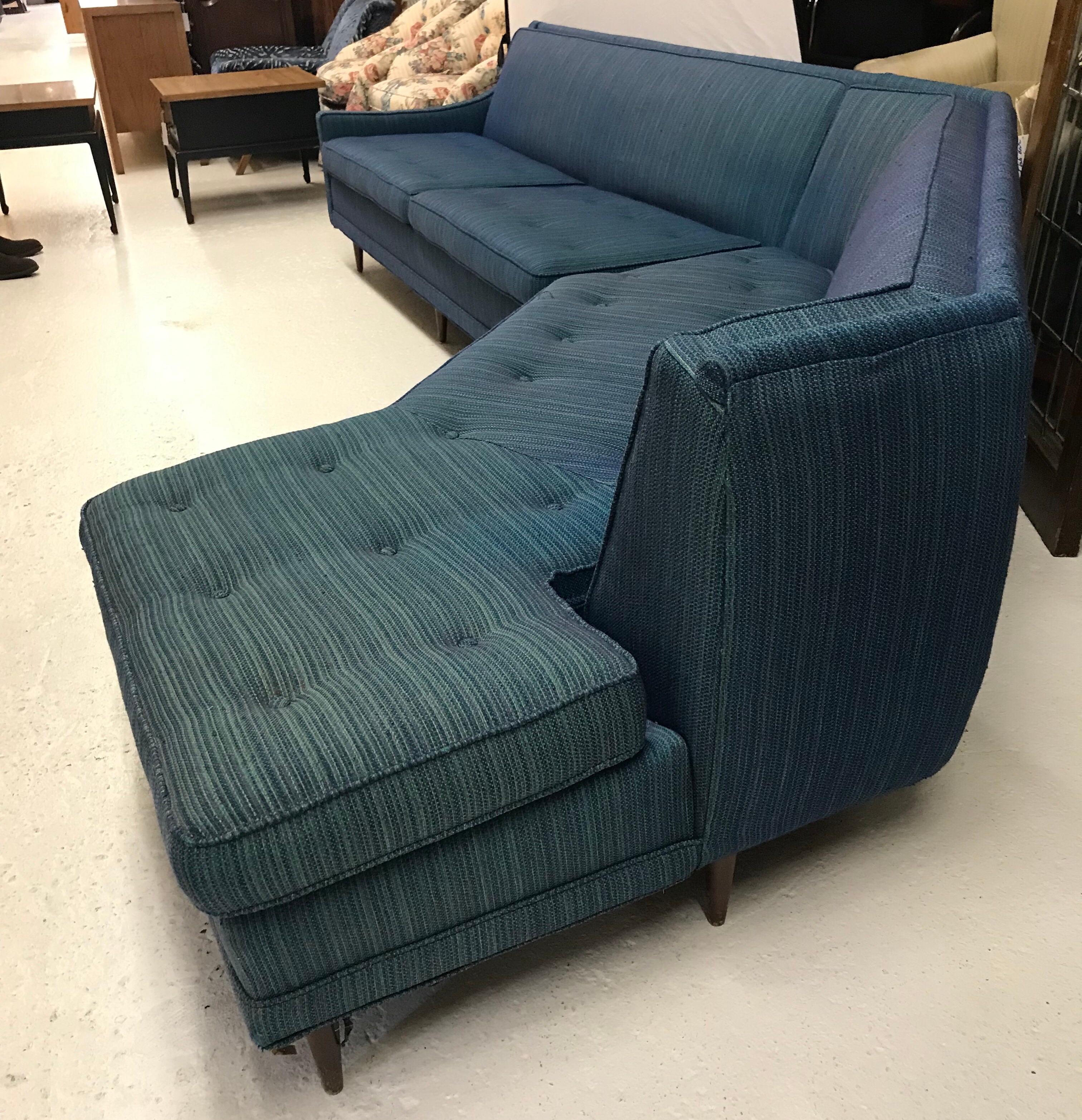Stunning blue upholstery adorns this 2-piece signed Selig, 1960s Classic sectional sofa.