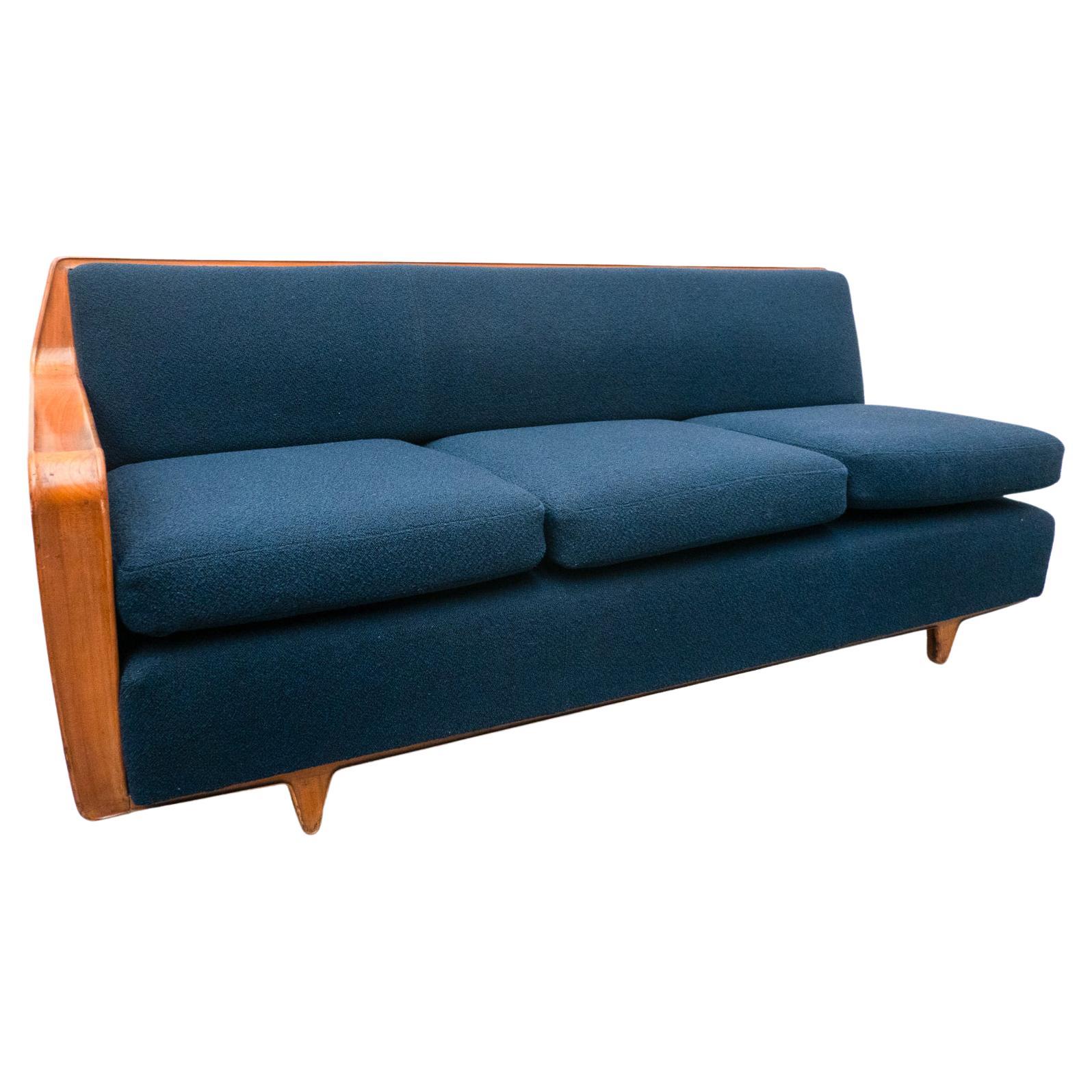 Mid-Century Modern Blue Sofa Attributed to Melchiorre Bega, Cherry Wood, Italy  For Sale