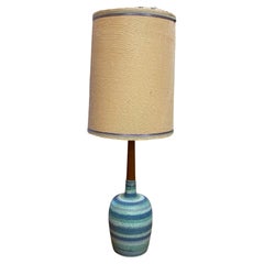 Mid-Century Modern Blue Striped Pottery Table Lamp 
