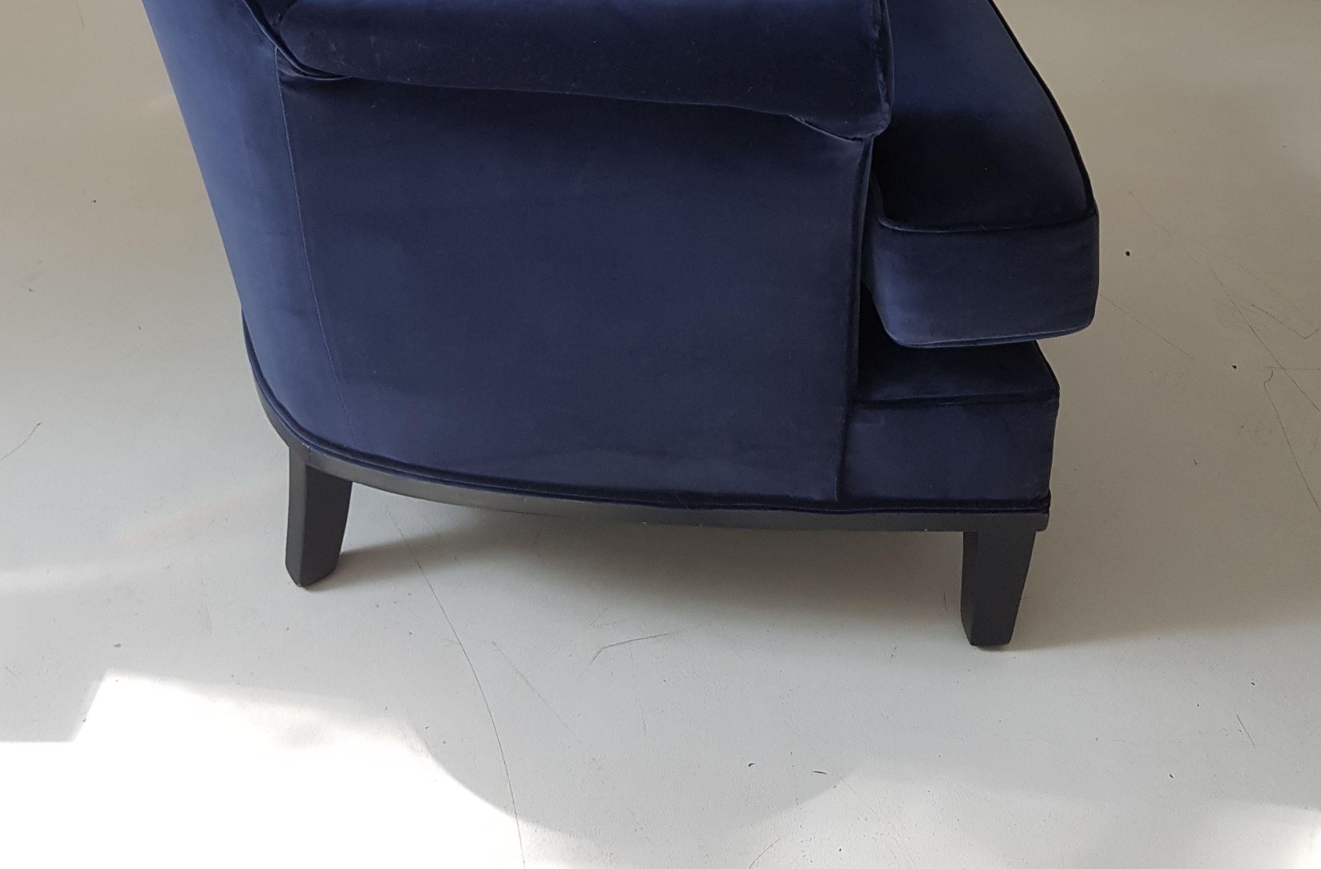 Mid-20th Century Mid-Century Modern Blue Velvet American Armchairs with Black Lacquered Frame For Sale