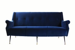 Mid Century Modern Blue Velvet and Brass Sofa, Italian Design, 1950s