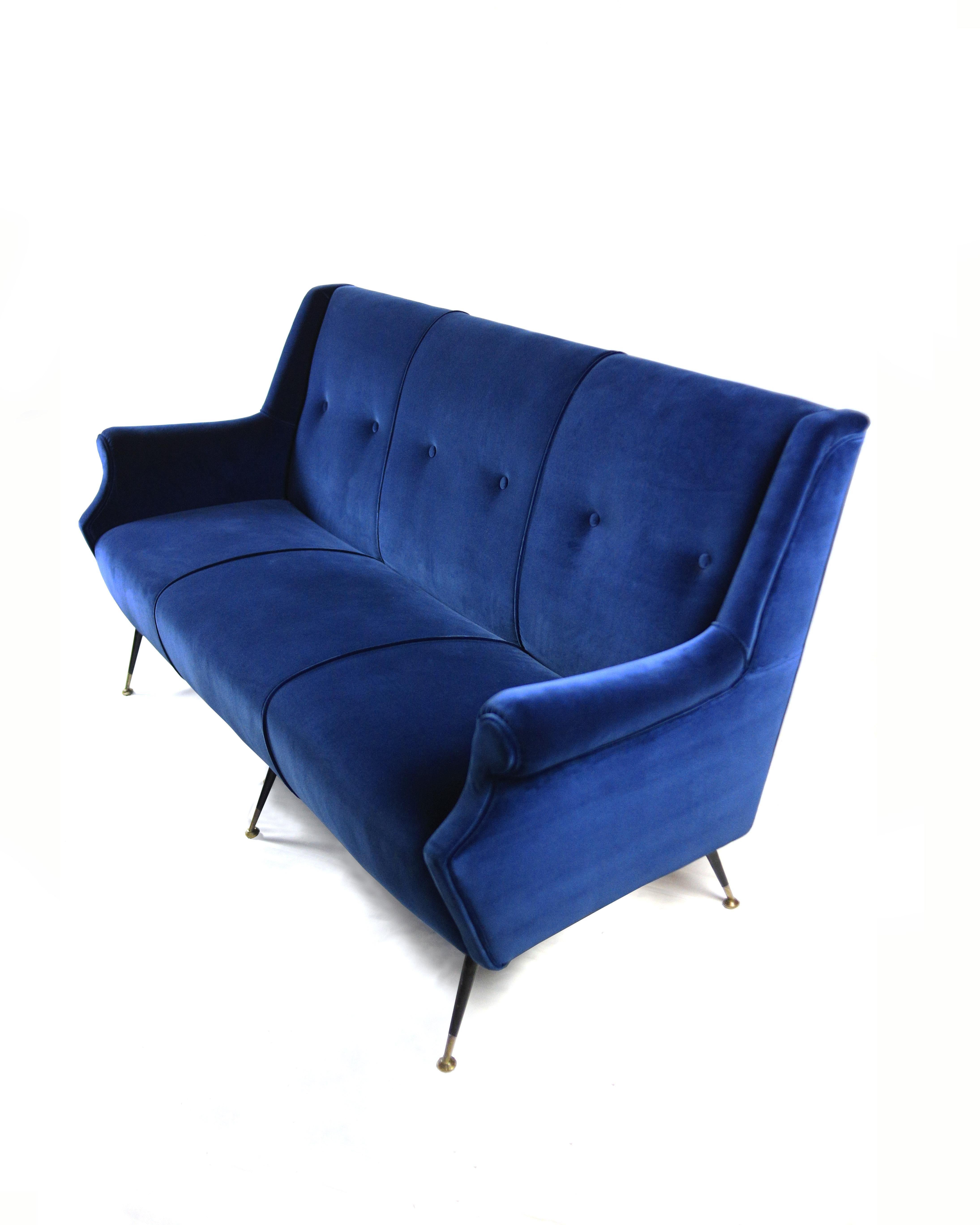 Hand-Crafted Mid-Century Modern Blue Velvet and Brass Sofa, Italian Design, 1950s For Sale