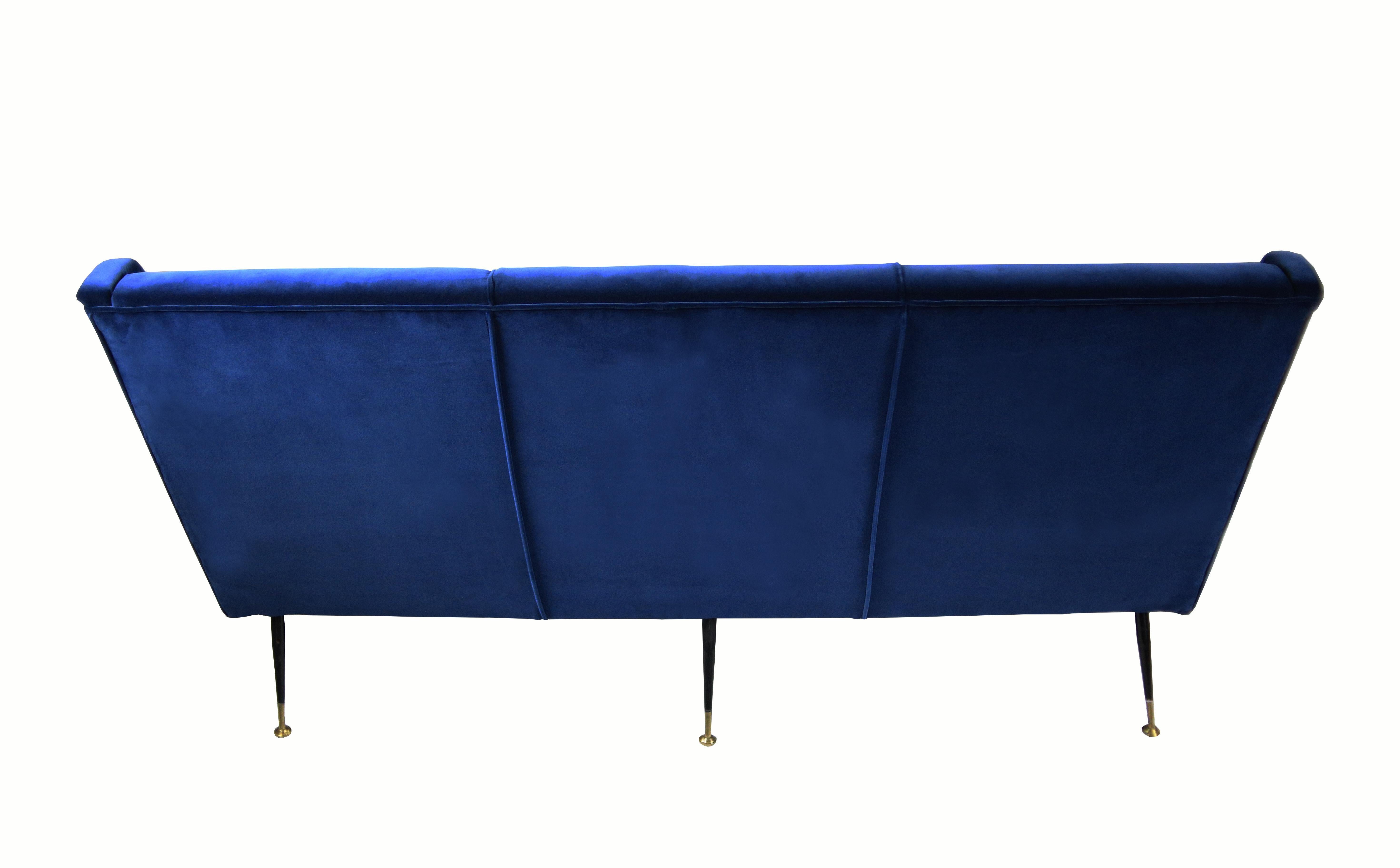 20th Century Mid-Century Modern Blue Velvet and Brass Sofa, Italian Design, 1950s For Sale