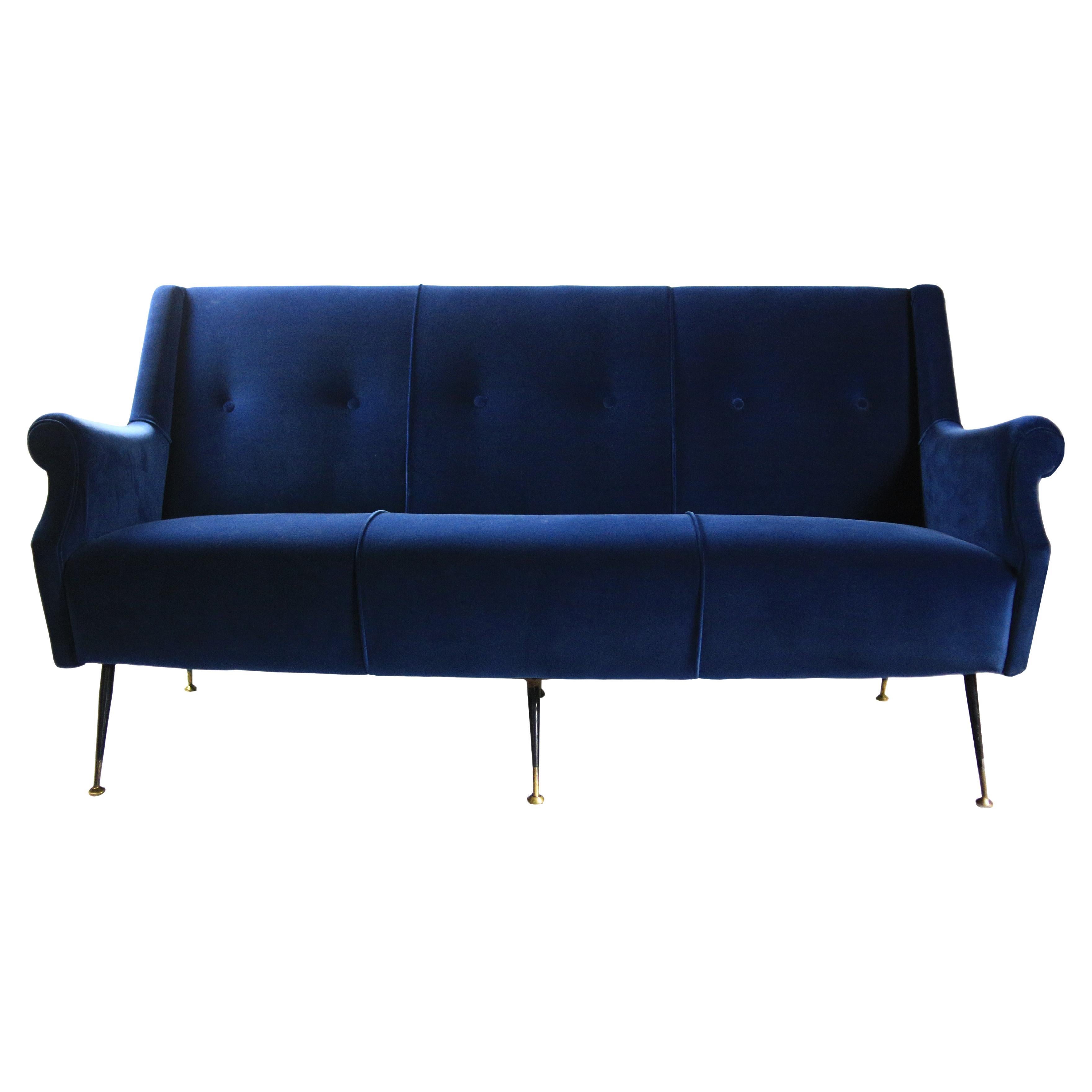 Mid-Century Modern Blue Velvet and Brass Sofa, Italian Design, 1950s For Sale