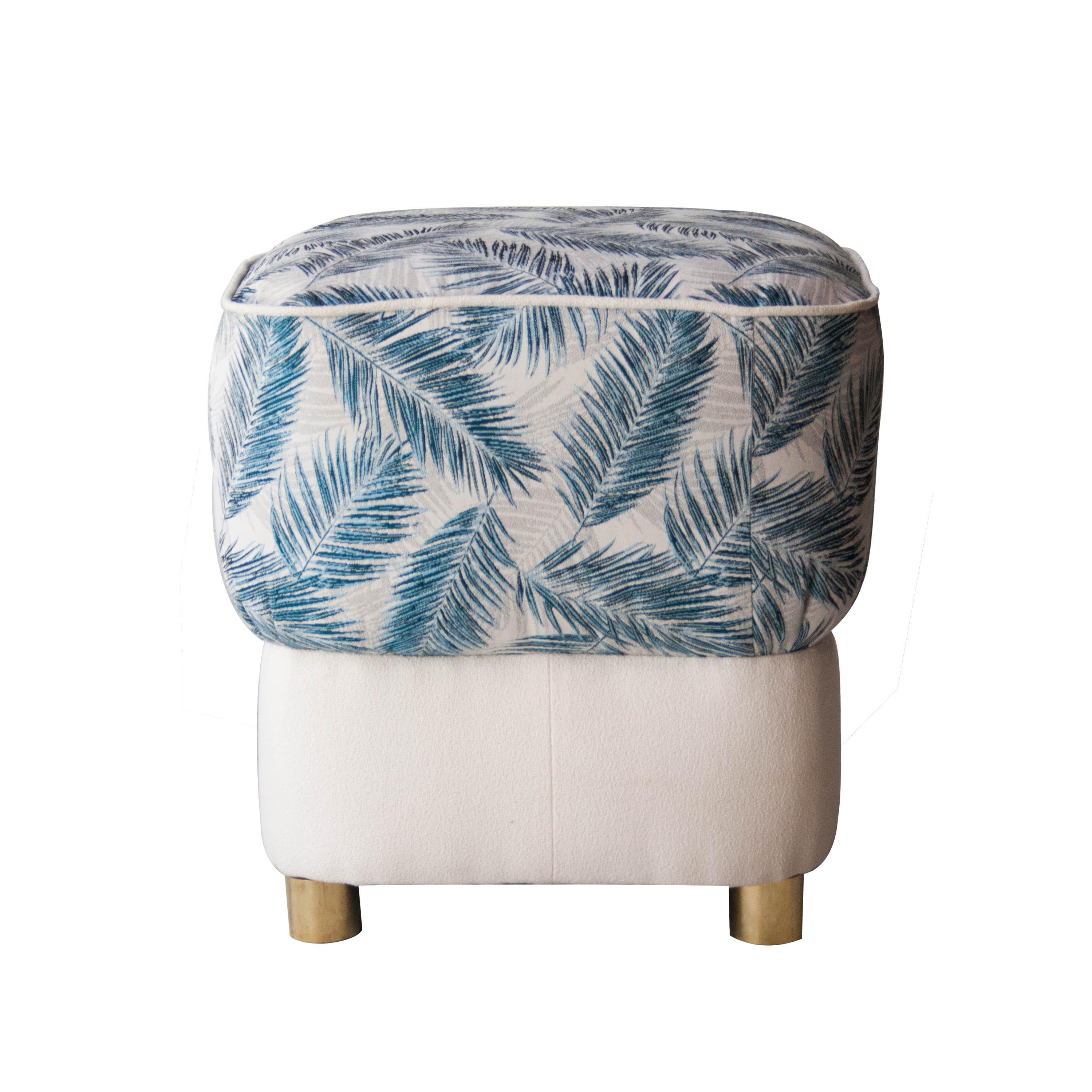 Square, made of solid wood structure pouf white Linen/wool upholstery with geometric embroidery by Pierre Frey. Finished in brass legs.

*Price per item