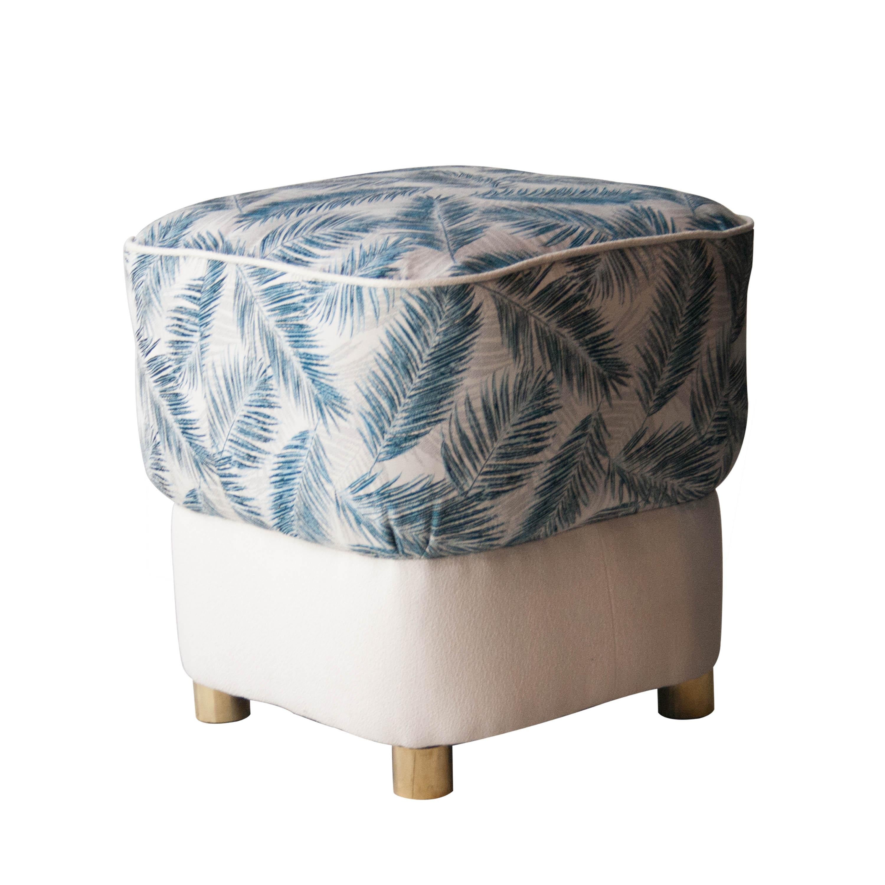 Mid-Century Modern Blue White Grey Brass Italian Pouf, 1950 In Excellent Condition For Sale In Madrid, ES