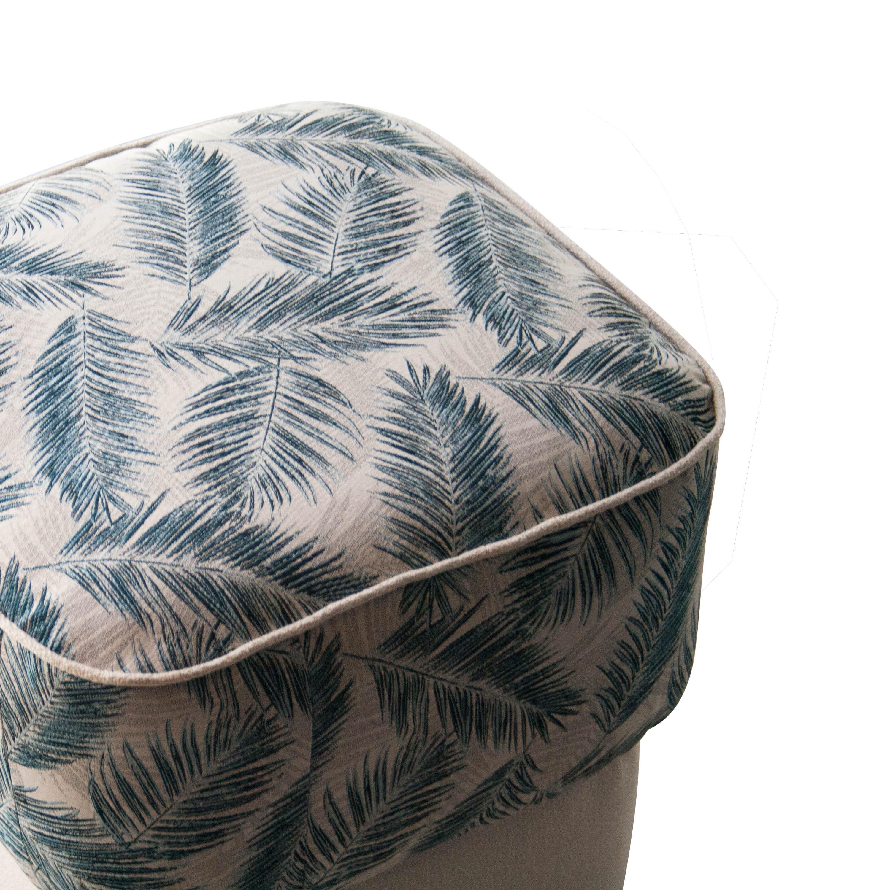 Fabric Mid-Century Modern Blue White Grey Brass Italian Pouf, 1950 For Sale