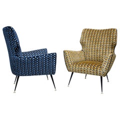 1950s pair of armchairs Blue Yellow black white Velvet upholstery by Gigi Radice