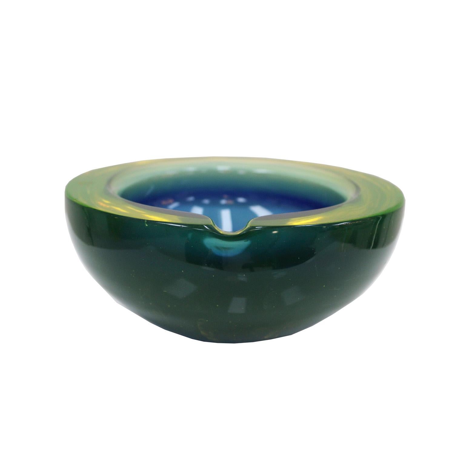 Italian Mid-Century Modern Blue/Yellow Sommerso Murano Glass Ashtray by Flavio Poli 1950 For Sale