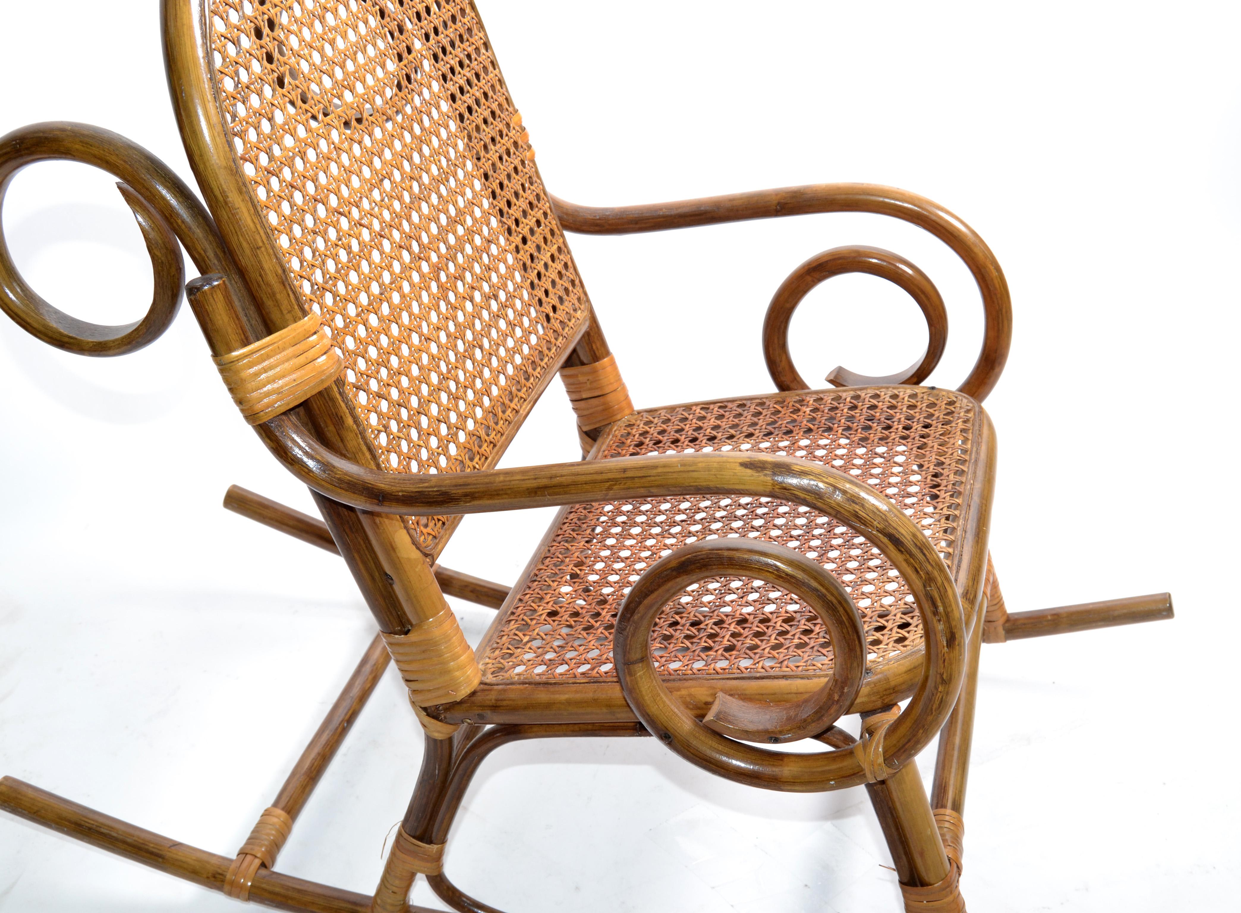 Mid-Century Modern Bohemian Chic Style Bamboo & Cane Children Rocking Chair 1960 For Sale 2